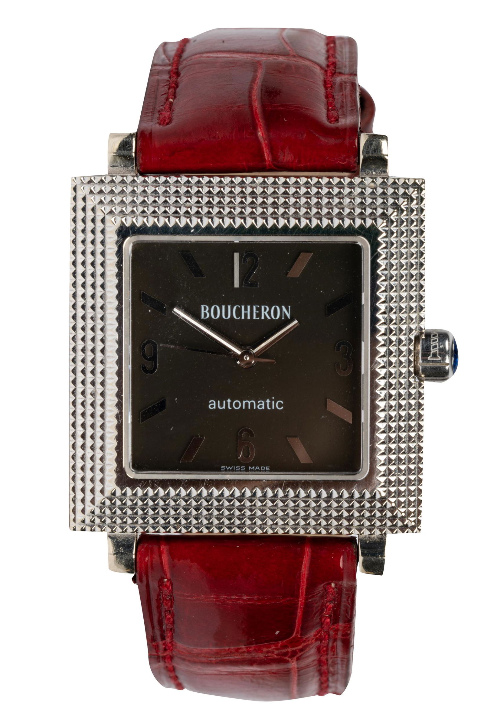 BOUCHERON 18 KARAT WHITE GOLD 'PYRAMID CLASSIC' WATCH: signed 'Boucheron' below the 12:00 position, 'Automatic' above the 6:00 position, and 'Swiss Made' below the 6:00 position; the case back stamped 'Boucheron', '18k' 'AK 422836', and 'Swiss Made'; with