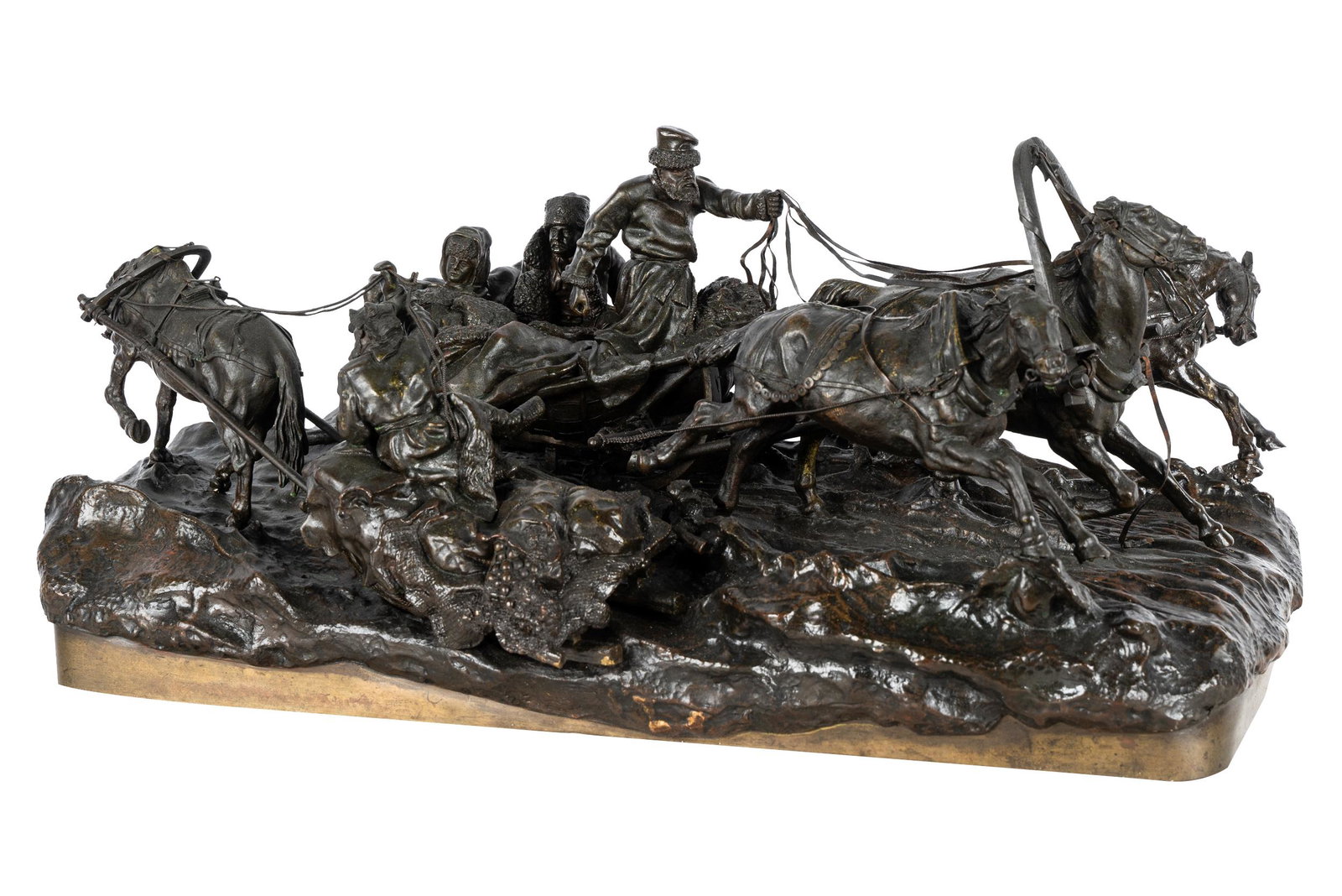 VASSILI YACOVLEVITCH GRACHEV (1831 - 1905): TROIKA: patinated bronze; signed in Cyrillic to base; inscribed in casting "C. F. WOERFFEL. ST. PETERSBURG" and with Cyrillic foundry seal; 20 inches wide; 11 inches deep; 10 inches high