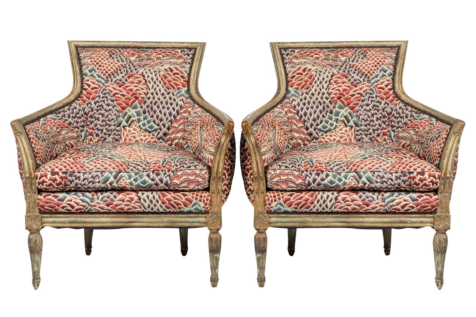 PAIR OF NEOCLASSIC CARVED & PAINTED BERGERES: each with loose seat cushion; Provenance: The Estate of Philip Fowler, Bel Air CA; Condition: heavy wear to paint. Traces of gilding remaining. Nicks to frames. Large tears and losses to upholstery on
