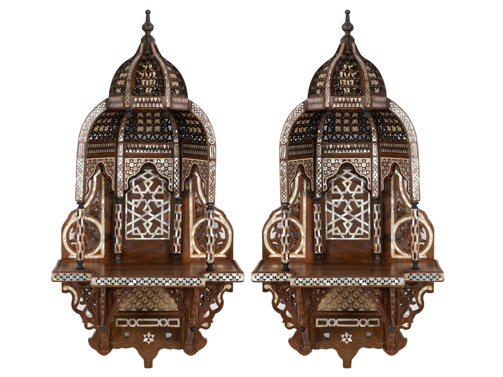 PAIR OF MOORISH STYLE INLAID WOOD BRACKETS: with domed tops; 12 1/2 inches wide; 7 1/2 inches deep; 24 inches high