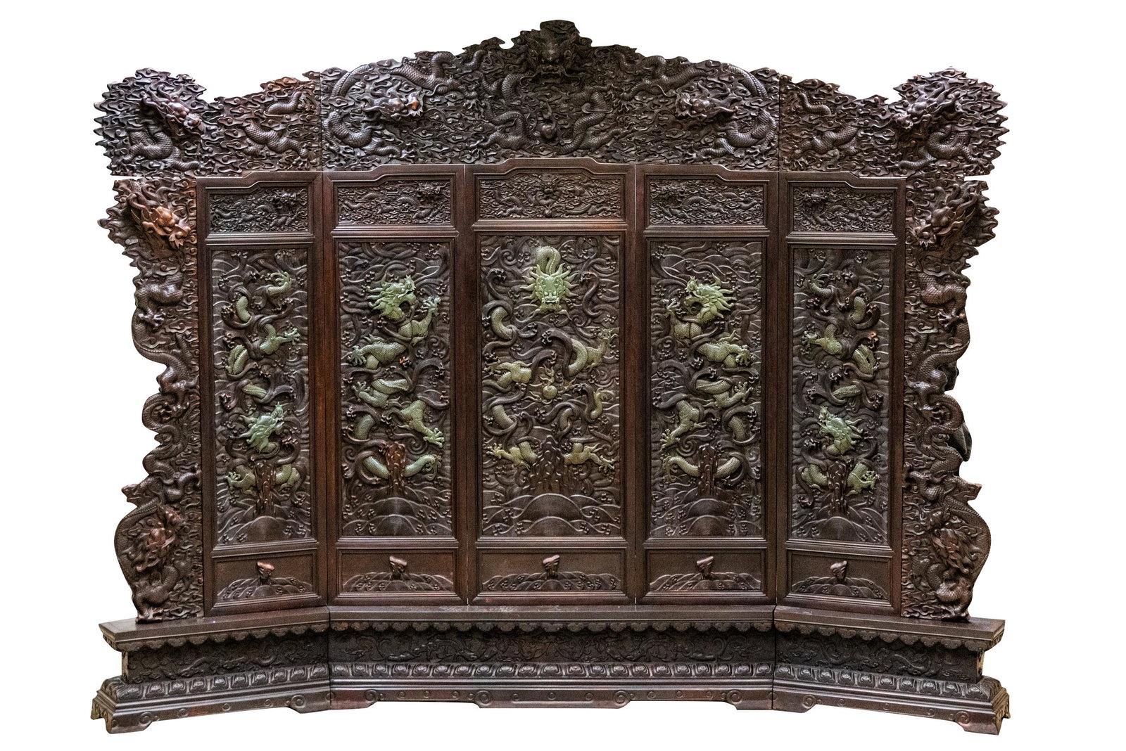CHINESE RELIEF-CARVED FIVE-PANEL SCREEN ON STAND (1 of 20)