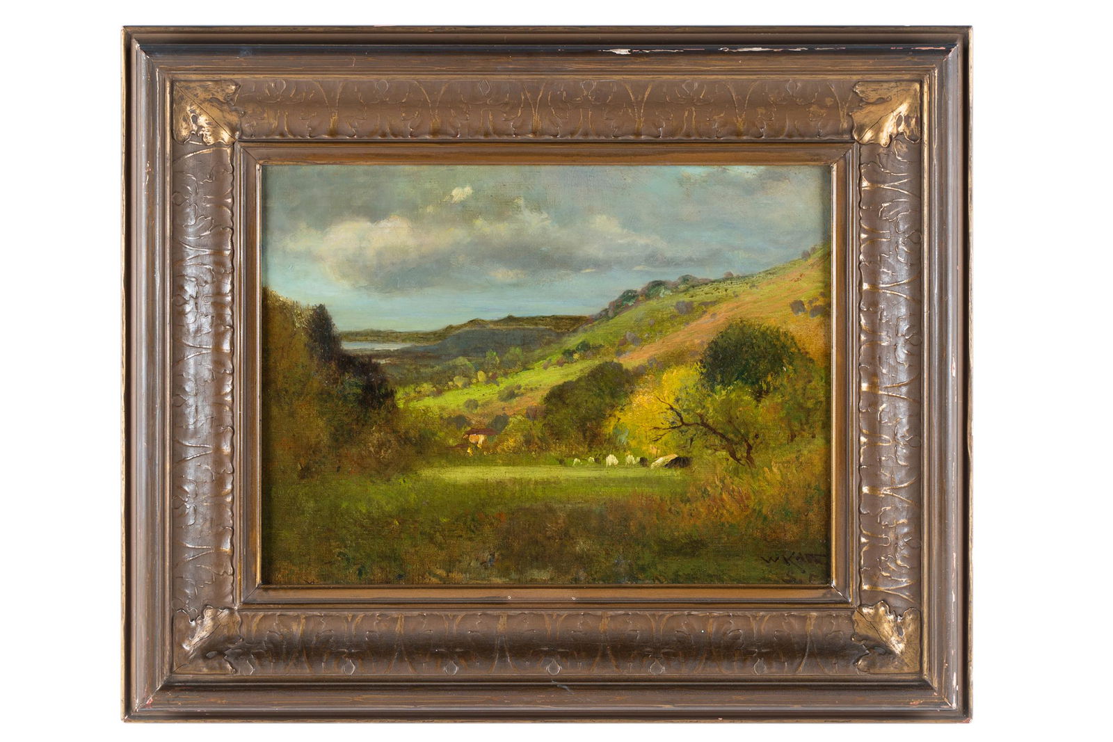 WILLIAM KEITH (1838 - 1911): "GREEN HILLSIDE": oil on canvas; signed lower right; titled to label verso; Condition: two patches to canvas verso; 15 x 20 1/4 inches; 24 1/2 x 29 1/2 inches frame