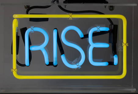 PATRICK MARTINEZ (B. 1980): "RISE": 2018; neon in Plexiglas frame, electrified; 9 1/2 x 14 inches; 3 inches deep