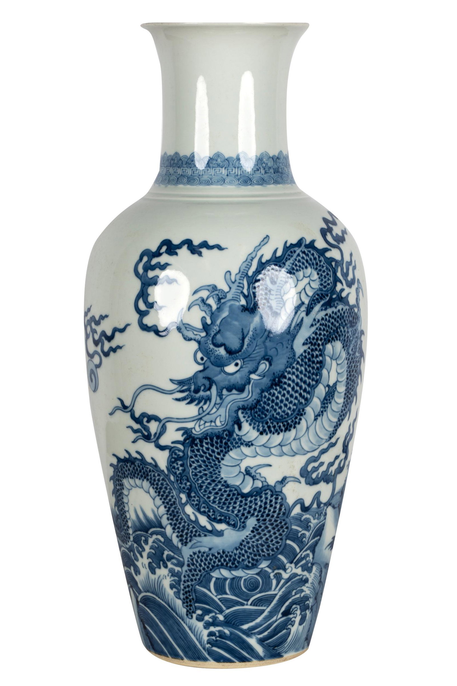 CHINESE BLUE & WHITE PORCELAIN VASE: Kang Xi mark to underside, decorated with dragon motif; 18 1/2 inches high