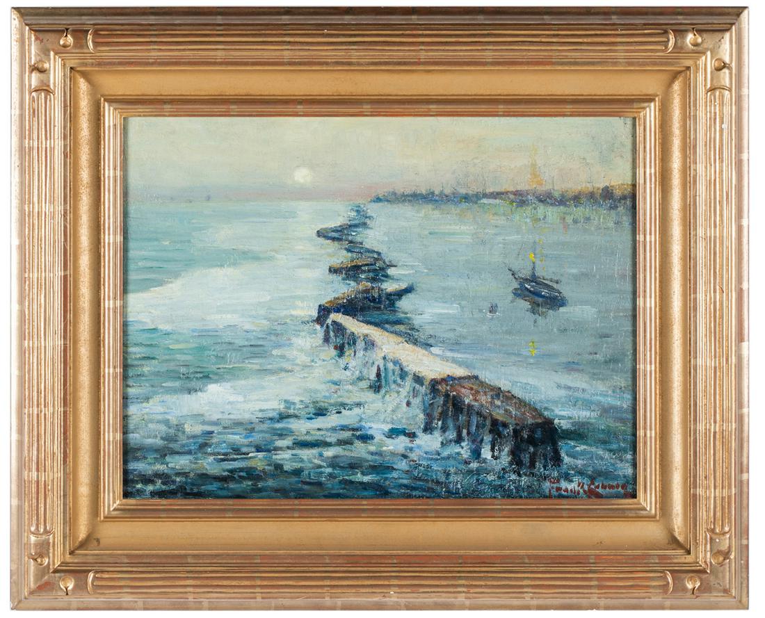 FRANK COBURN (1862-1938): "SHIP BEHIND A BREAKWATER,: oil on canvas; signed lower right; titled to gallery label verso; 18 x 24 inches; 28 x 34 inches frame