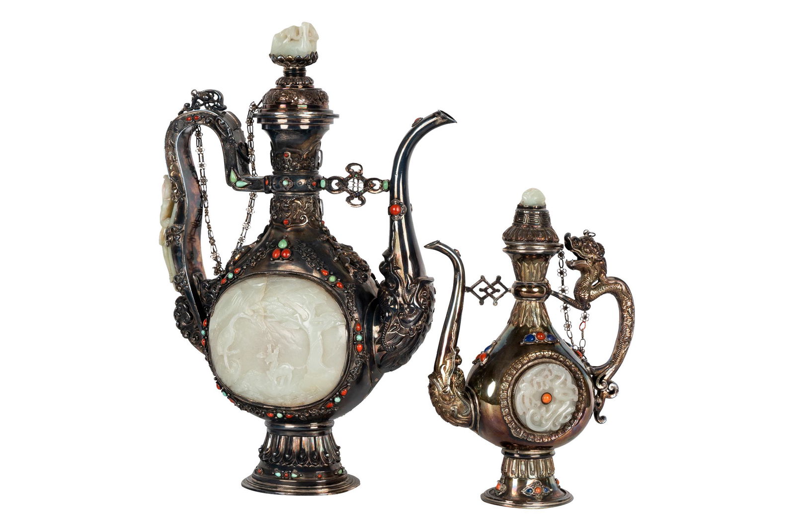 TWO MONGOLIAN JADE & STONE INSET EWERS (1 of 17)