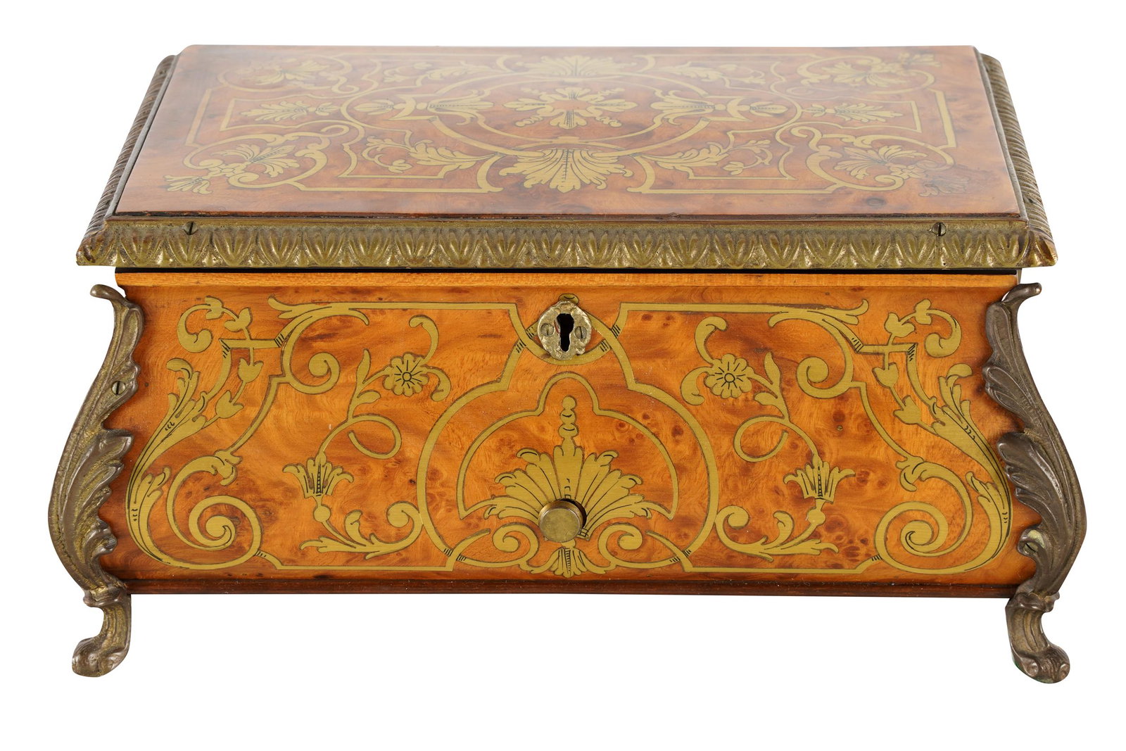 REUGE SWISS MUSIC BOX: with label to underside of lid, with key Condition: appears to wind and play music 10 inches wide; 7 inches deep; 4 1/2 inches high