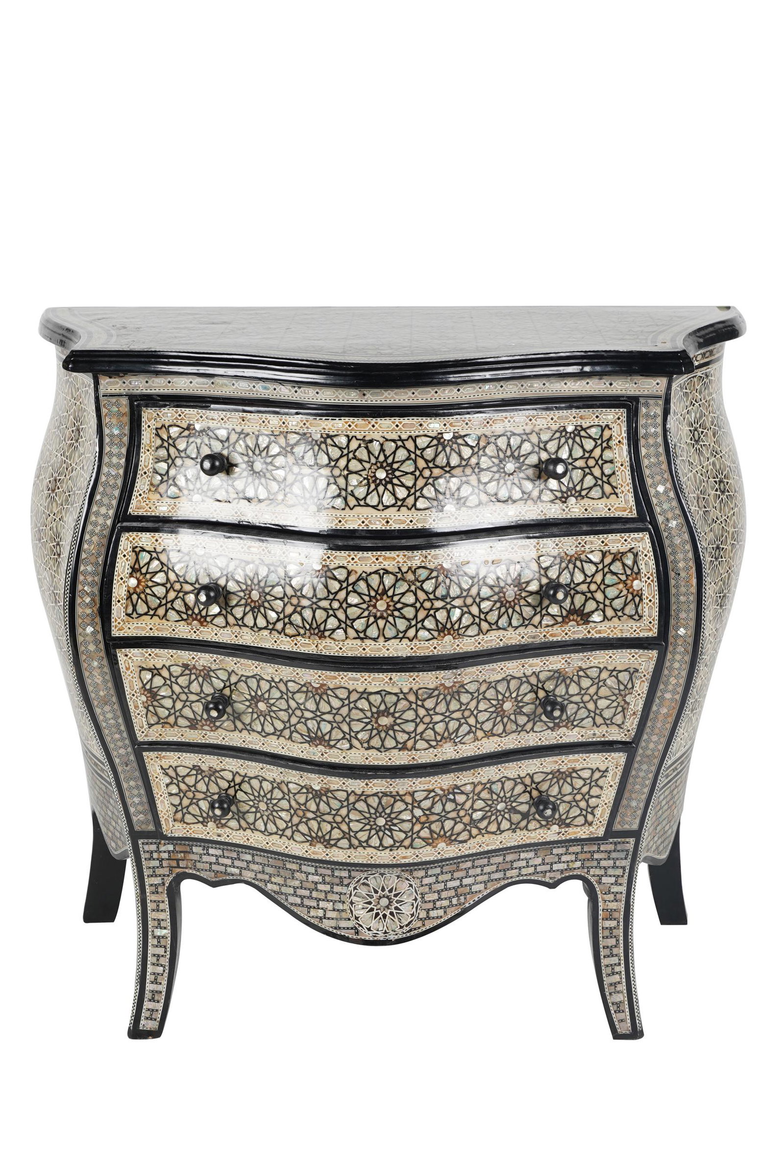MOORISH STYLE INLAID BOMBE CHEST OF DRAWERS: late 20th / early 21st century; with four drawers 37 inches wide; 18 1/2 inches deep; 35 1/2 inches high
