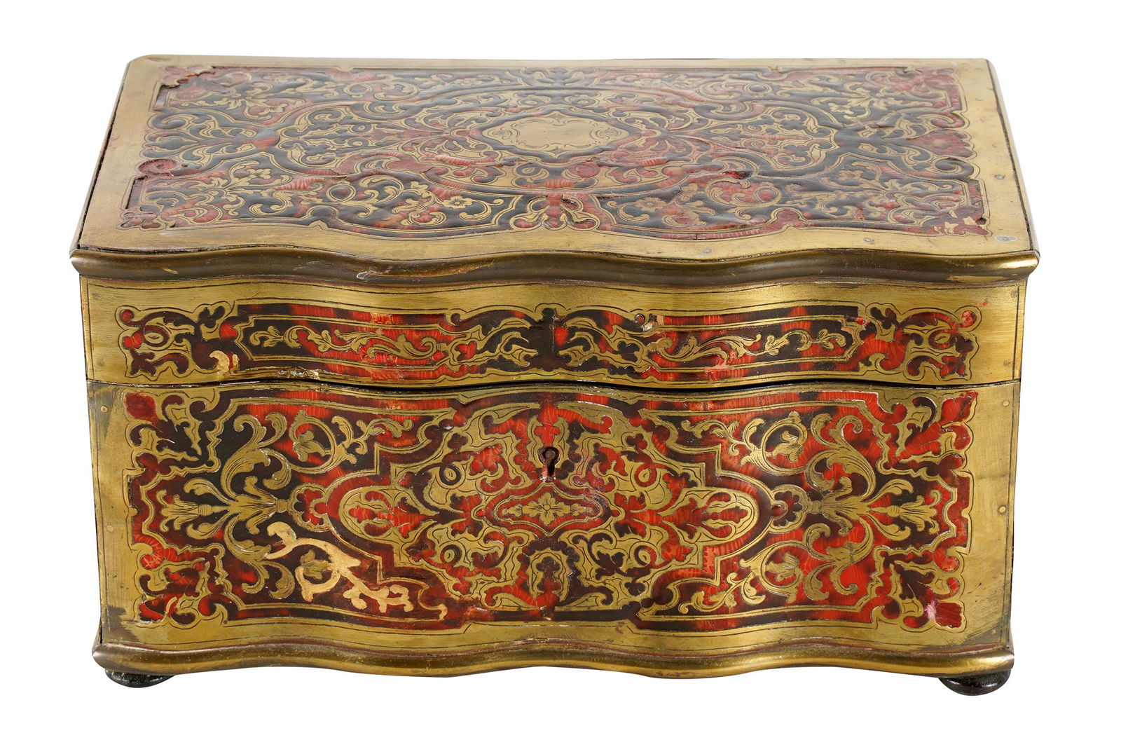 BOULLE MARQUETRY-INLAID BOX: the hinged lid opening to a red velvet-lined interior; Condition: slight losses to top; some lifting; possible touch up to back side; slight cracking to inside of lids; 9 3/4 inches wide; 5 1/2 inches
