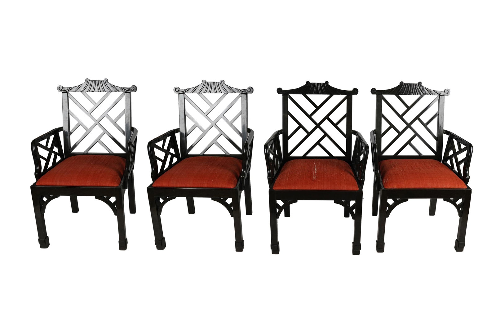 FOUR CHINESE CHIPPENDALE STYLE LACQUERED ARMCHAIRS: after 1950, unsigned; Condition: with chips to lacquer; heavy wear to fabric; 27 inches wide; 42 inches high; seat height: 19 inches