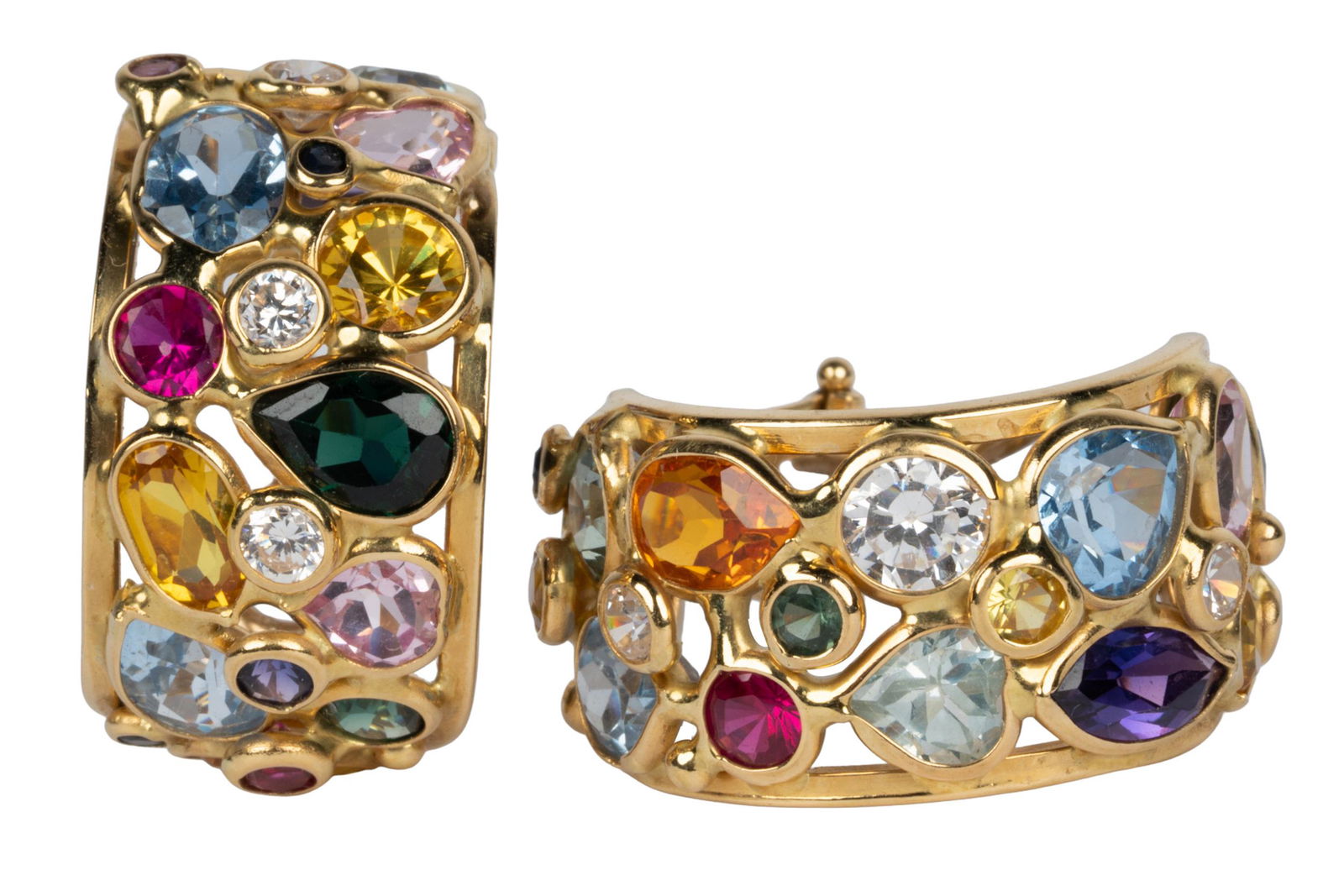 PAIR OF 18 KARAT YELLOW GOLD & MULTI-GEM EAR CLIPS (1 of 6)