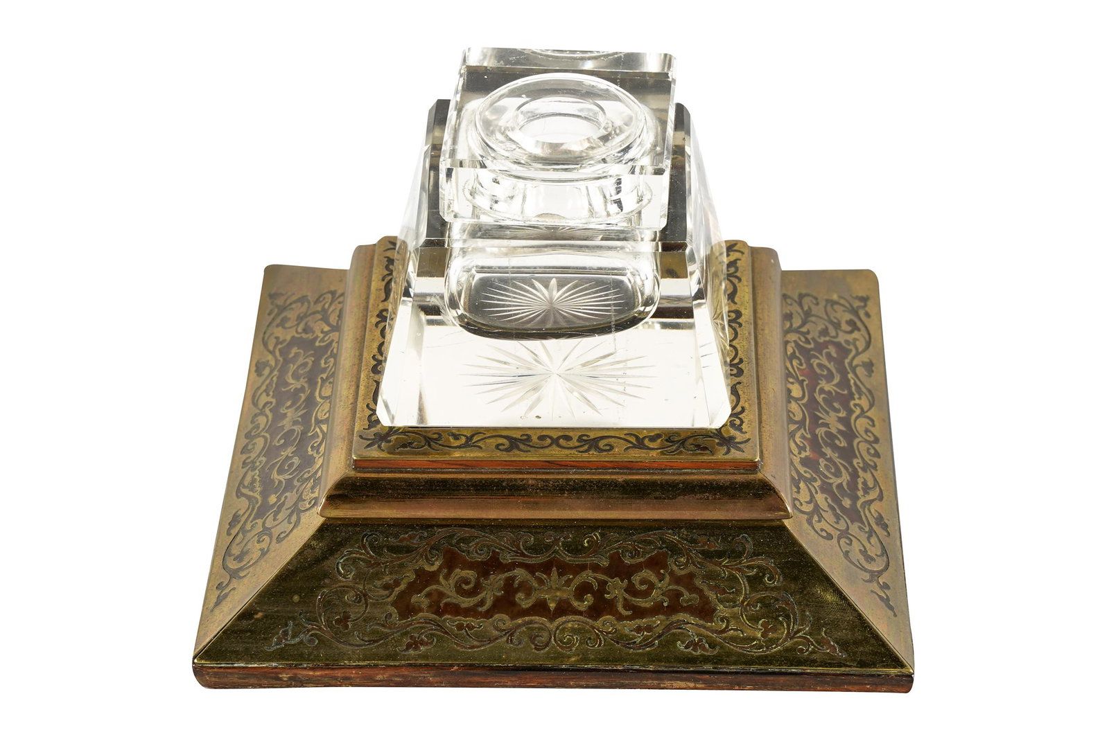 ENGLISH BOULLE MARQUETRY & CRYSTAL INKWELL: stamped to underside "JC Vickery Regent St." 7 inches square; 5 inches high