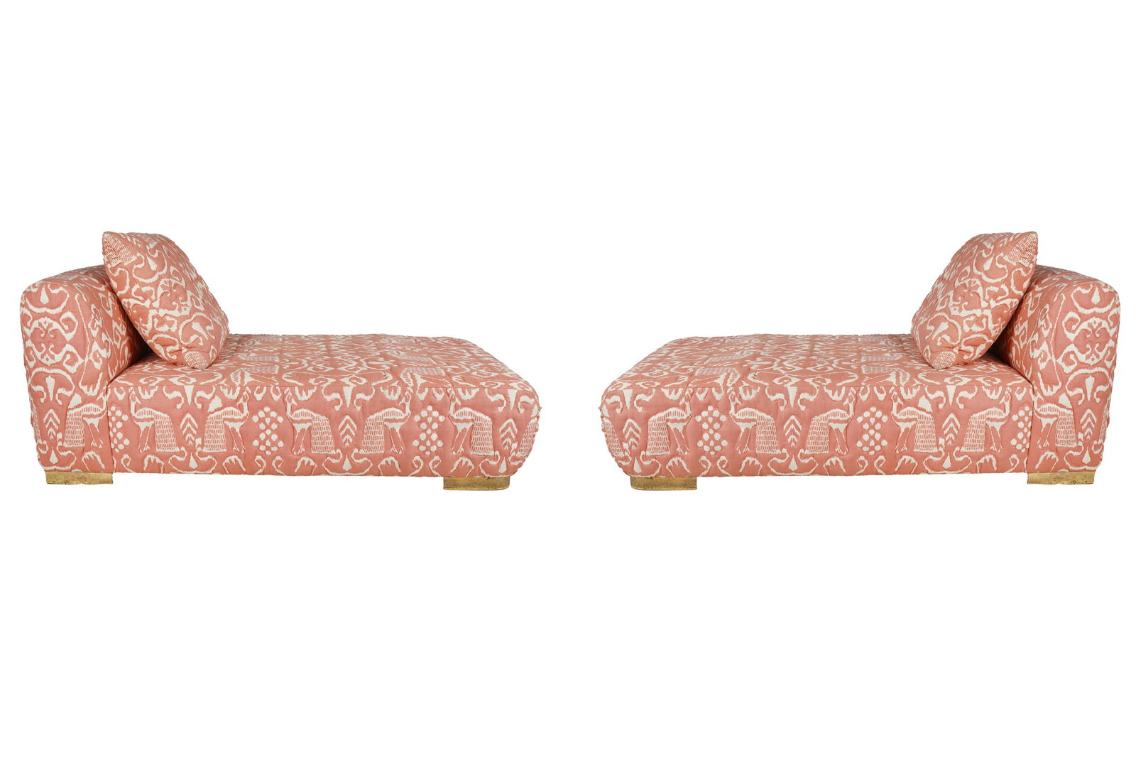 PAIR OF UPHOLSTERED CHAISE LONGUES: with brass feet Condition: with slight fading to upholstery and scratches to brass 74 inches wide; 40 inches deep; 33 inches high