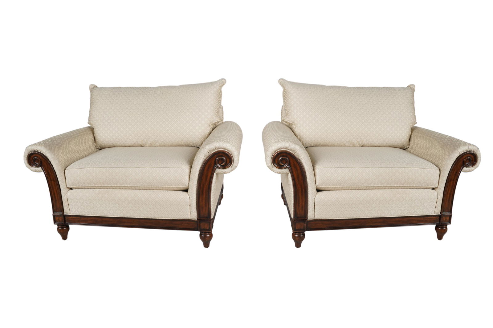PAIR THOMASVILLE UPHOLSTERED OVERSIZED ARMCHAIRS: with label under cushion Condition: scuffs to wood legs 54 inches wide; 38 inches deep; 32 inches high; 22 inches height to seat