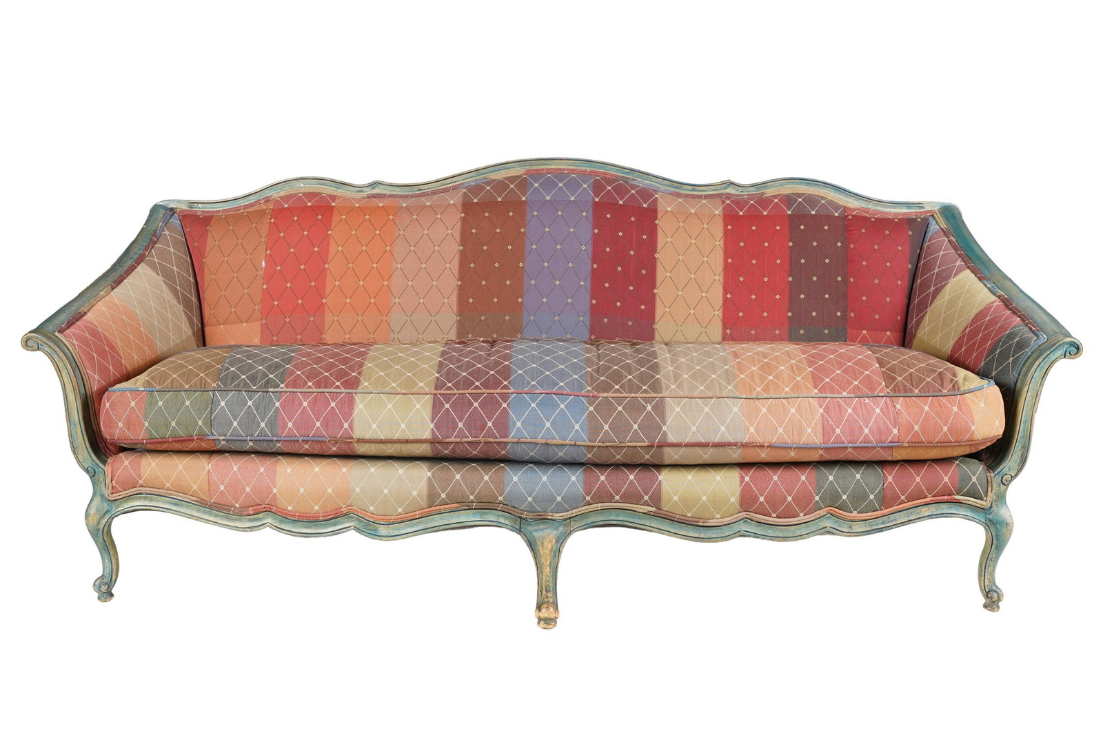 LOUIS XV STYLE PAINTED WOOD CANAPE: with six cabriole legs and striped upholstery Condition: with rub wear to legs 84 inches wide; 36 inches deep; 32 1/2 inches high to back