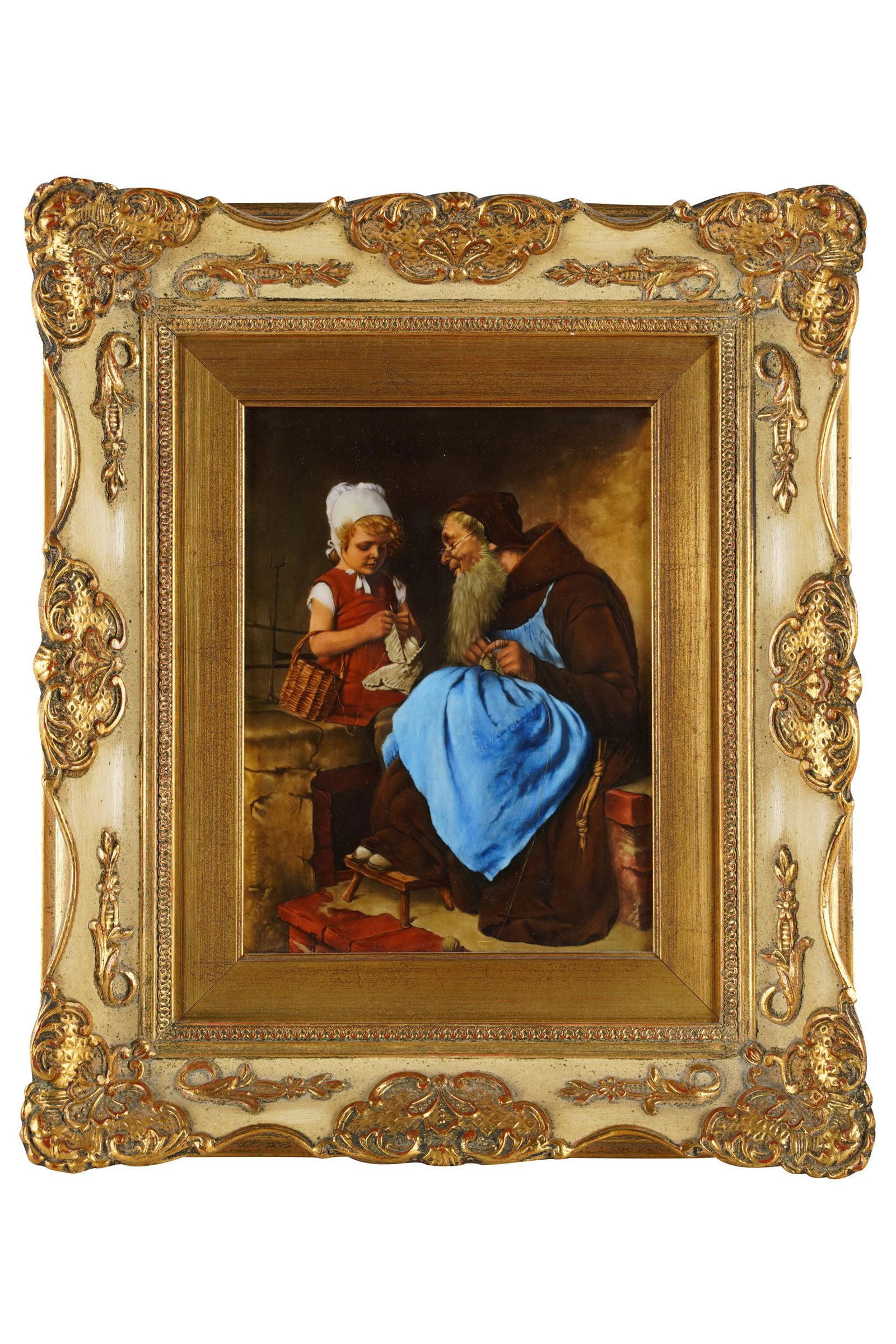 KPM PORCELAIN PLAQUE: KPM impressed mark verso;depicting an old man and a girl; 10 x 12 inches; 16 x 13 3/4 inches framed