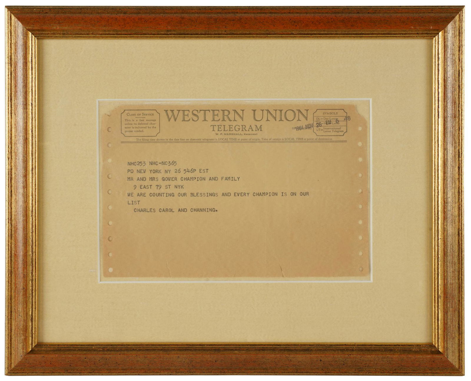 CAROL CHANNING FRAMED TELEGRAM TO GOWER CHAMPION (1 of 7)
