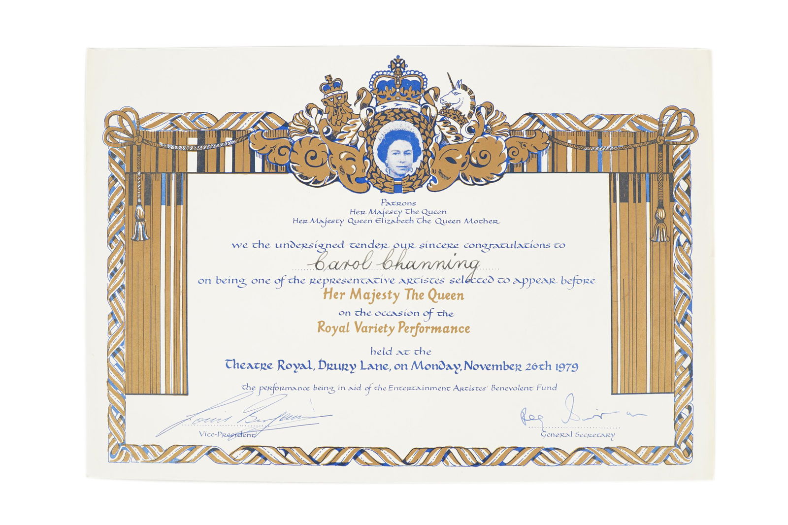 CAROL CHANNING 1979 ROYAL PERFORMANCE CERTIFICATE (1 of 10)