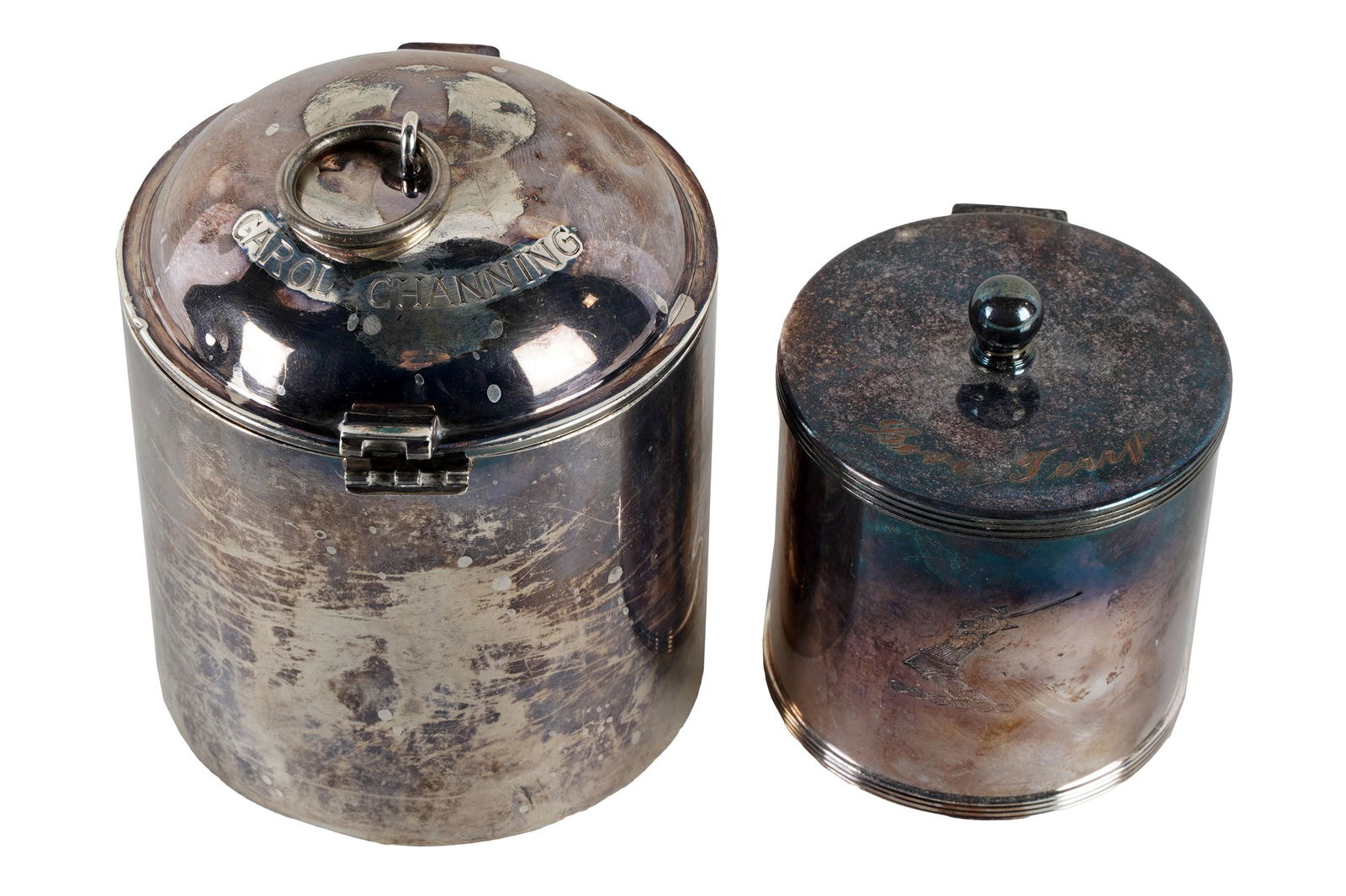 CAROL CHANNING TWO SILVER-PLATE CANISTERS (1 of 13)