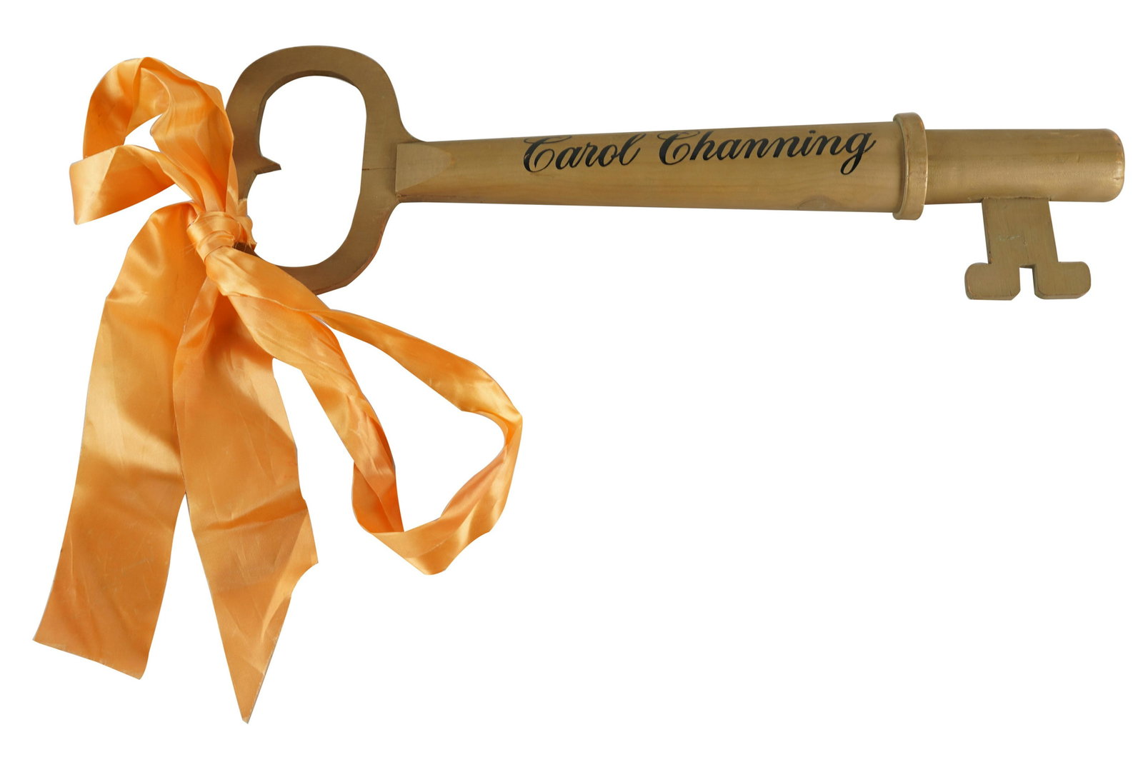 CAROL CHANNING GOLD-PAINTED WOOD KEY: with an orange ribbon; 24 1/2 inches long