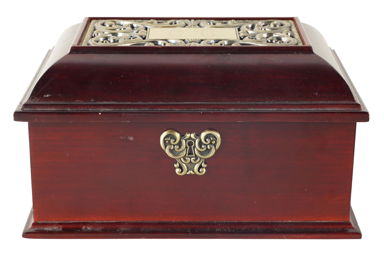 CAROL CHANNING JEWELRY BOX: engraved 'CC' on plaque on lid; the lid: 12 inches wide; 8 inches deep; 7 inches high