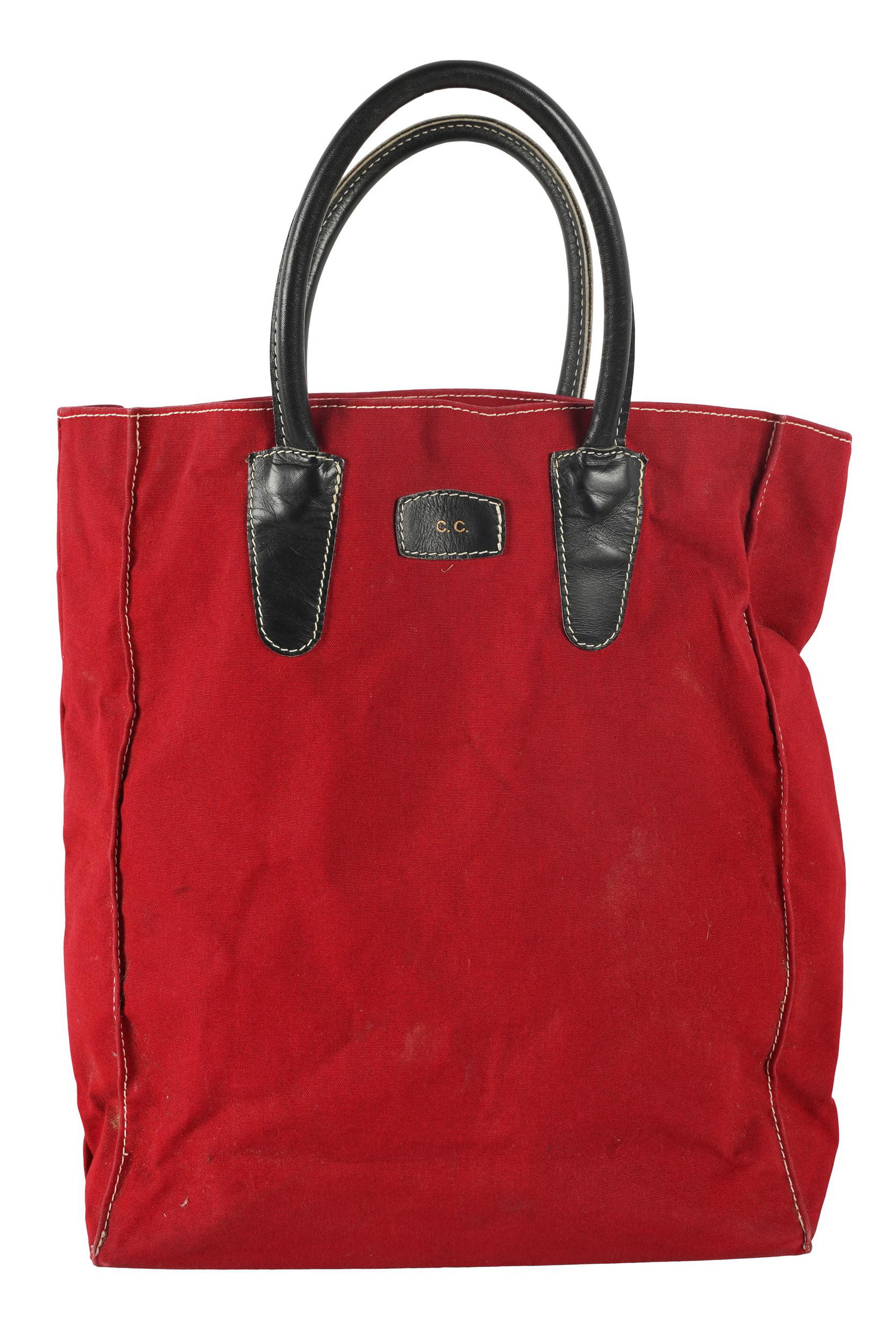 CAROL CHANNING 'C.C.' MONOGRAMMED MERLOT CANVAS HANDBAG: the handles with a 5 inch drop