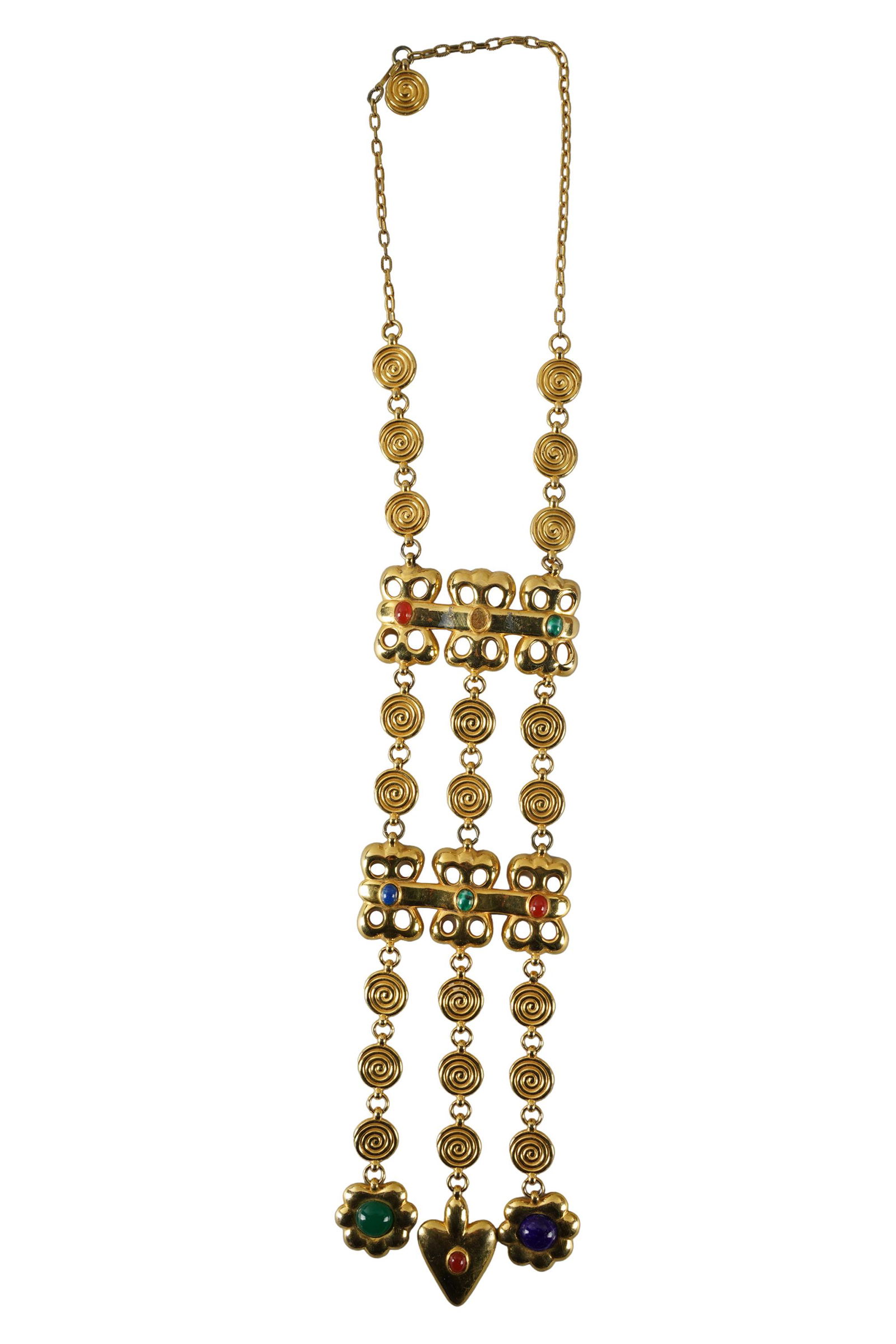 CAROL CHANNING'S JUDITH LEIBER NECKLACE: gilt metal and glass; Condition: one cabochon missing; the neck: 9 inches; the drop: 11 inches