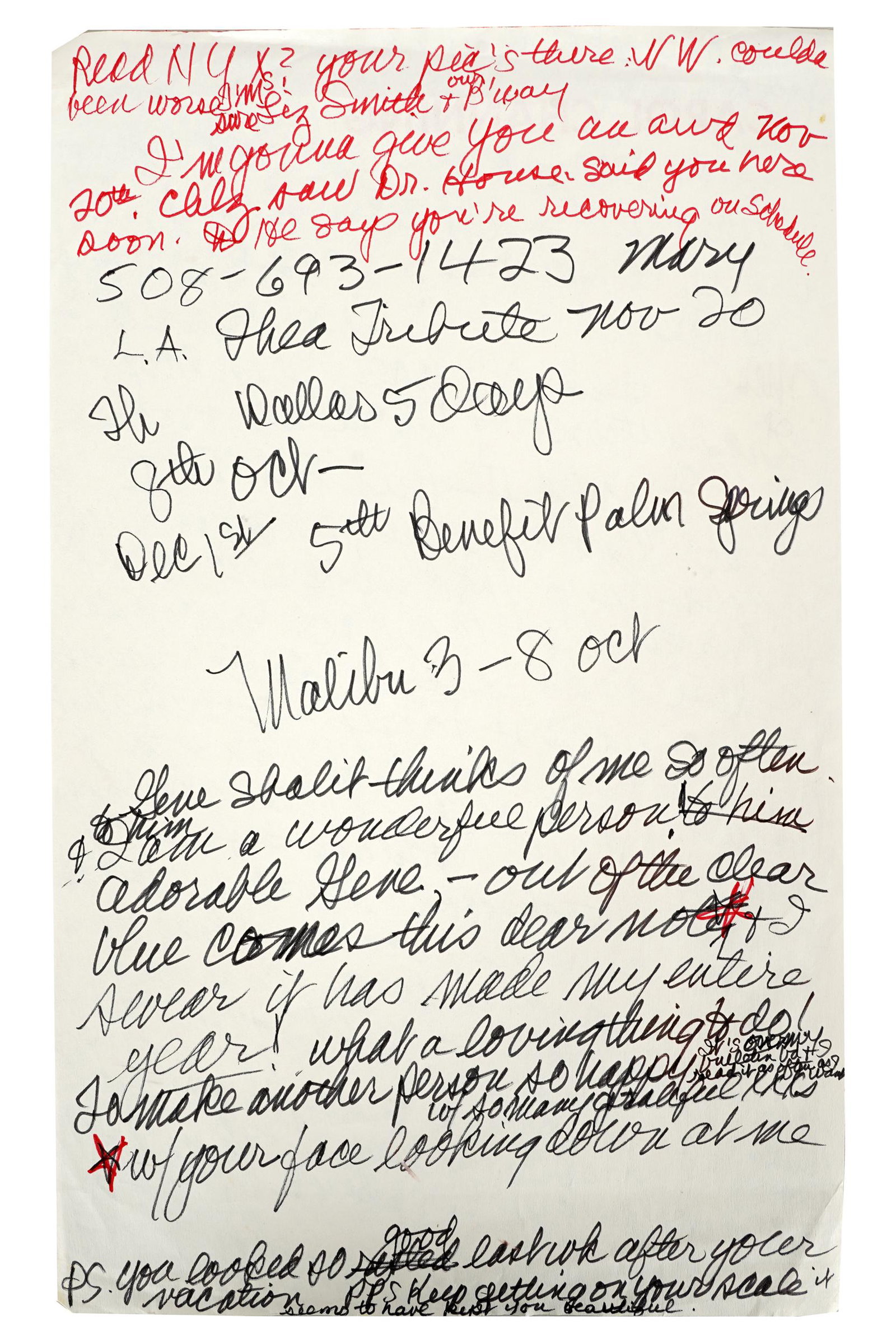 CAROL CHANNING HANDWRITTEN GENE SHALIT NOTE: one page of 'CAROL CHANNING' notepad stationery (14 1/2 x 8 inches) with various notations including a portion where Channing writes "Gene Shalit thinks of me so often & to him I am a wonderful person