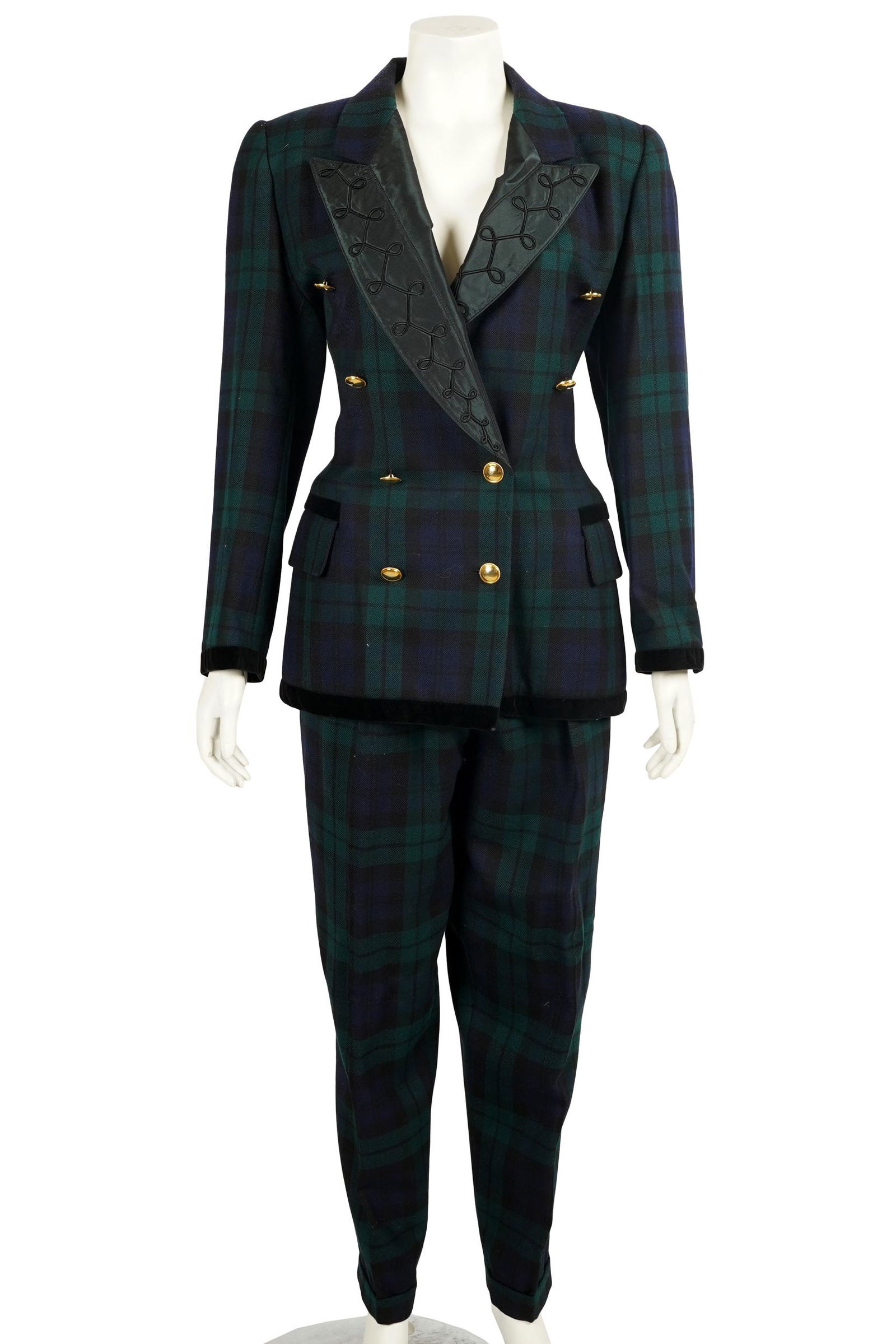 CAROL CHANNING ESCADA BLACK WATCH TARTAN 2 PIECE SUIT: comprising a jacket and trousers; with sewn-in label 'ESCADA by Margaretha Ley'; the jacket: size 40; the trousers: size 42