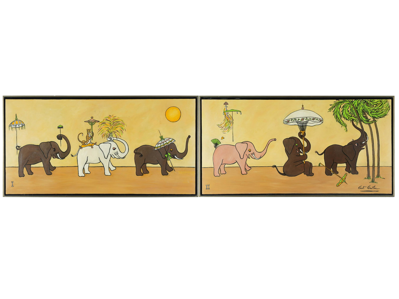 CAROL CHANNING'S GANT GAITHER: "ELEPHANT PARADE": oil on canvas in two parts; signed lower right on one canvas; each measuring 18 x 36 inches