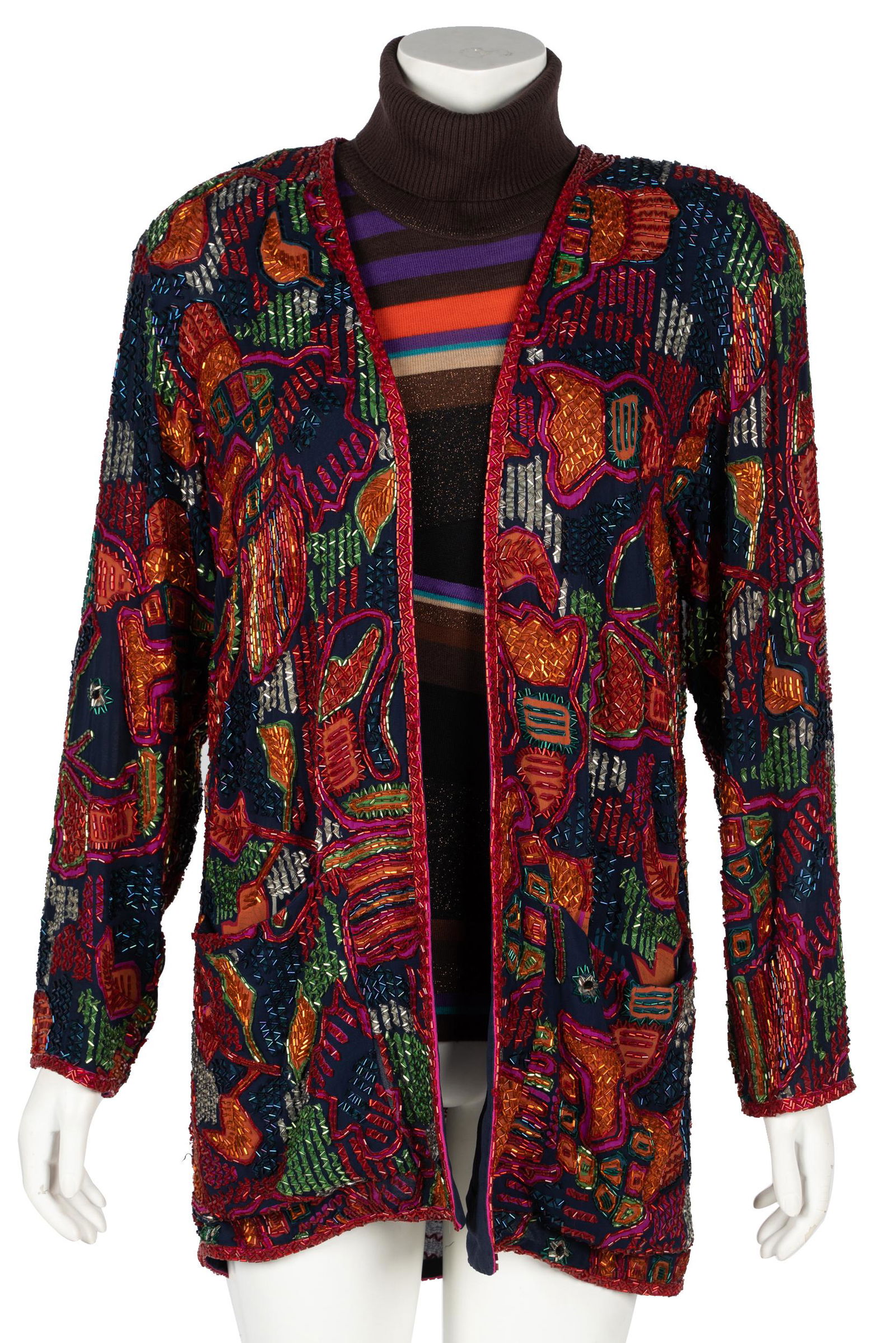 CAROL CHANNING BOB MACKIE COLLECTION II BEADED OPEN: together an Escada Sport sleeveless turtleneck; Note: Mackie jacket is bugle beads on navy silk; the Escada: wool blend; Mackie jacket: size 6; Escada shell: size small