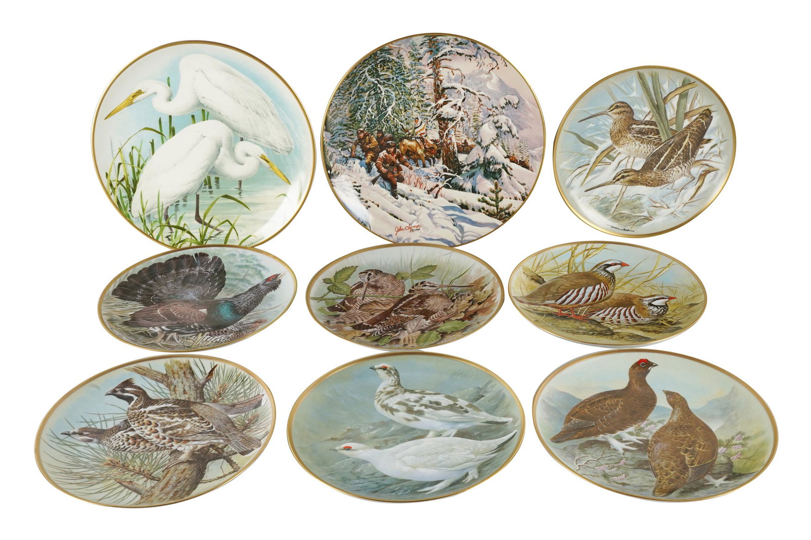 EIGHT PORCELAIN COLLECTOR PLATES: GORHAM, FRANKLIN: each signed, each with factory marks, comprising: six Franklin Porcelain 'Gamebirds of the World' (each 9 inches diameter); and two Gorham (one for the Lewis and Clark Expedition plate Collection, the