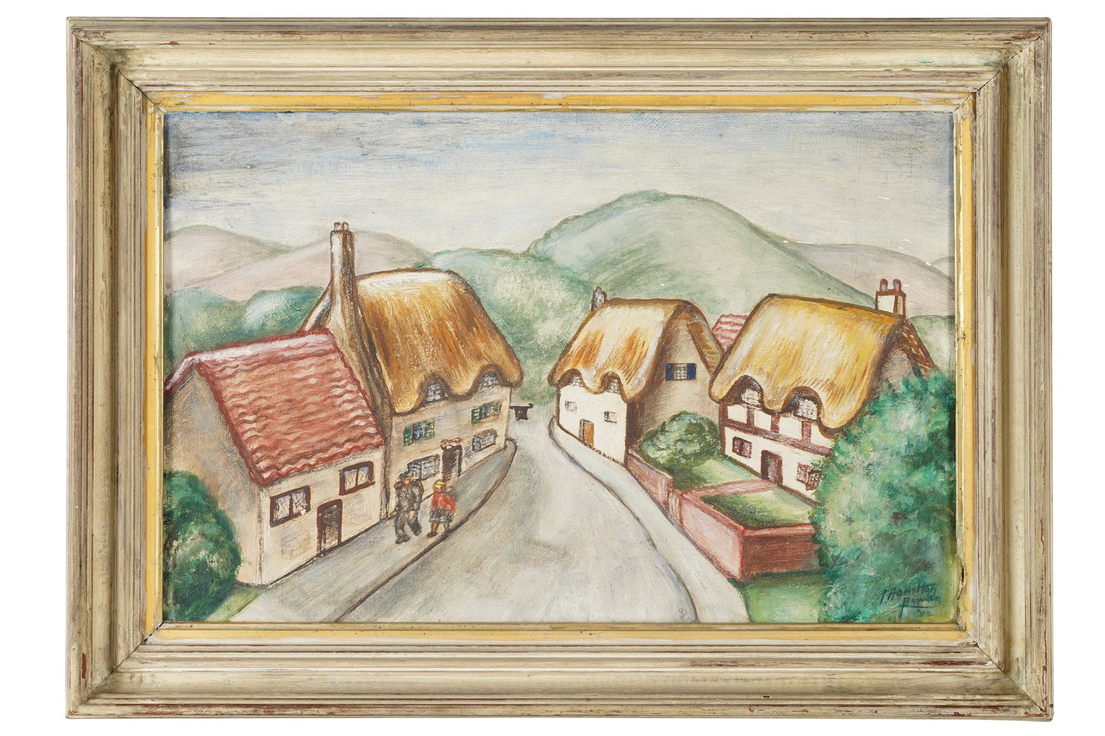 ISABEL HAMILTON BOWDEN (AMERICAN, 1906-1973): "VILLAGE: oil on Masonite; sgned and dated 42 lower right; signed and titled '"Village Street" - Whittiton (sic) in Devonshire, England" verso; 14 1/2 x 22 inches (panel); 19 x 26 1/2 inches framed