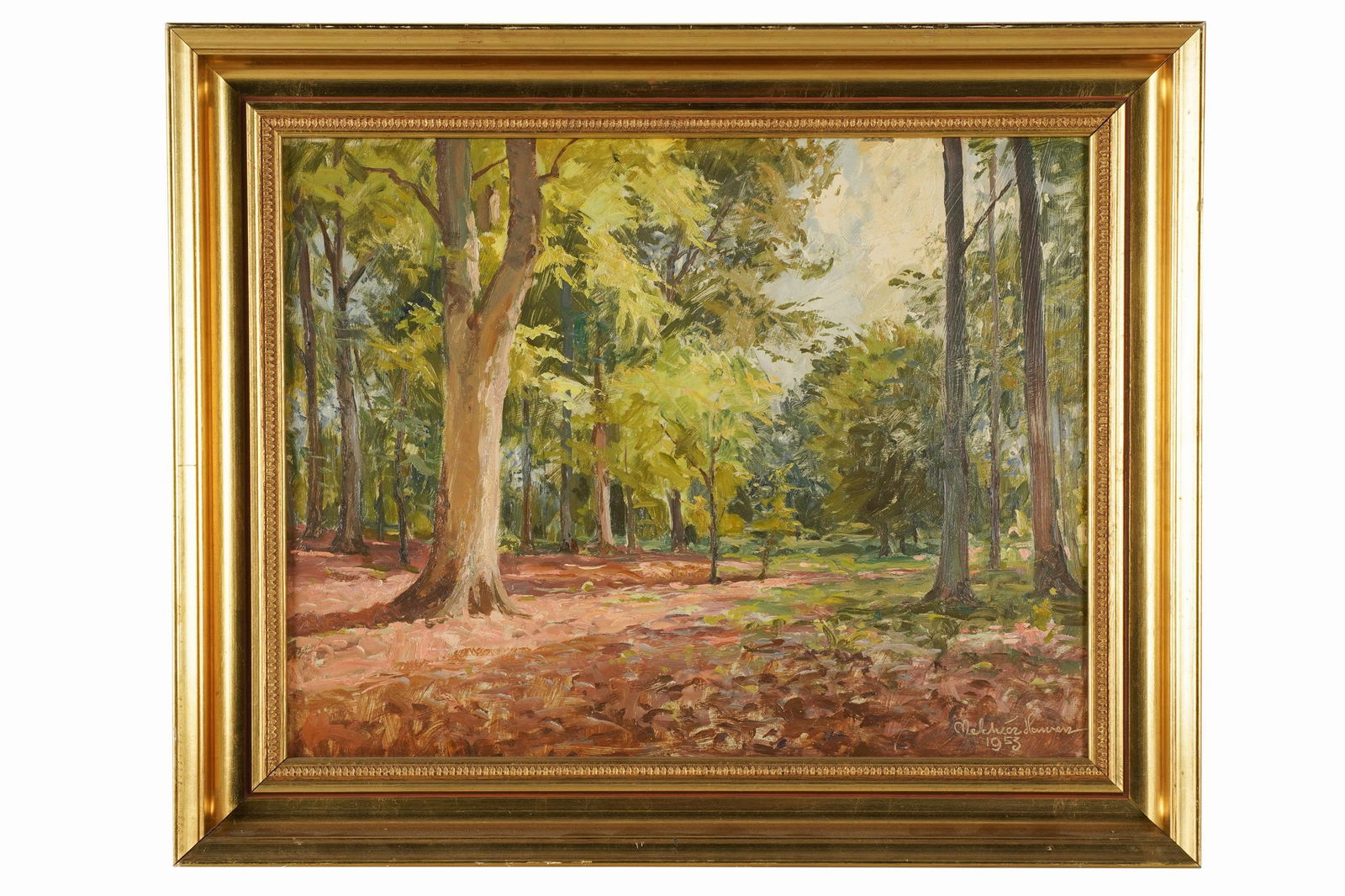 MELCHIOR HANSEN (1908-1978): FOREST LANDSCAPE: 1953; oil on masonite artist board; signed and dated lower right; 14 x 18 inches; 18 x 21 1/2 inches frame