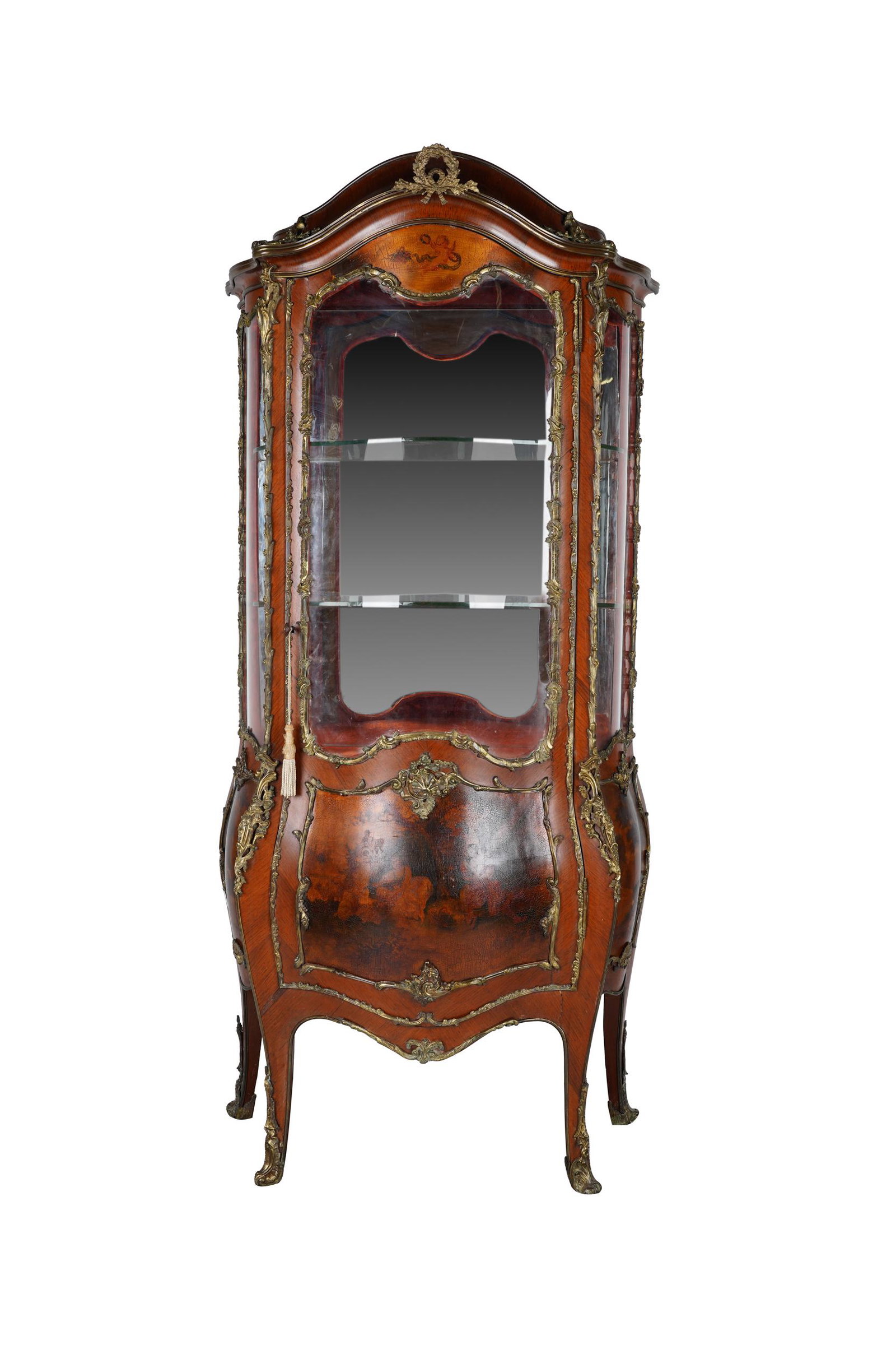 LOUIS XV-STYLE VERNIS-MARTIN VITRINE CABINET: 20th century; with key; Condition: some abrasions, lifting, cracks and small chipped losses to veneer. A break to apron on right side of front, with the adjacent metal molding partially detached. 33 1