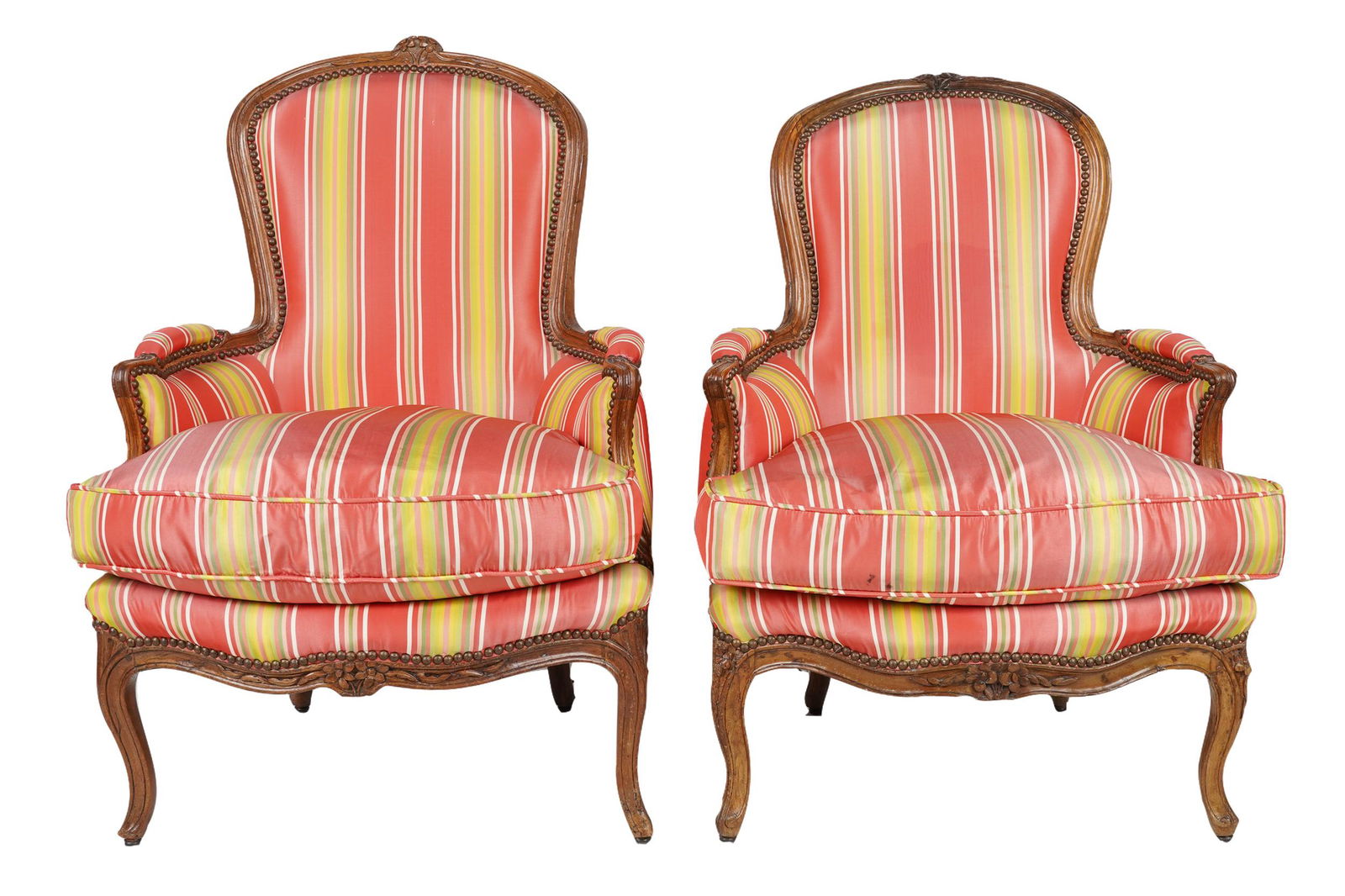 PAIR OF LOUIS XV STYLE CARVED WALNUT BERGERES (1 of 9)