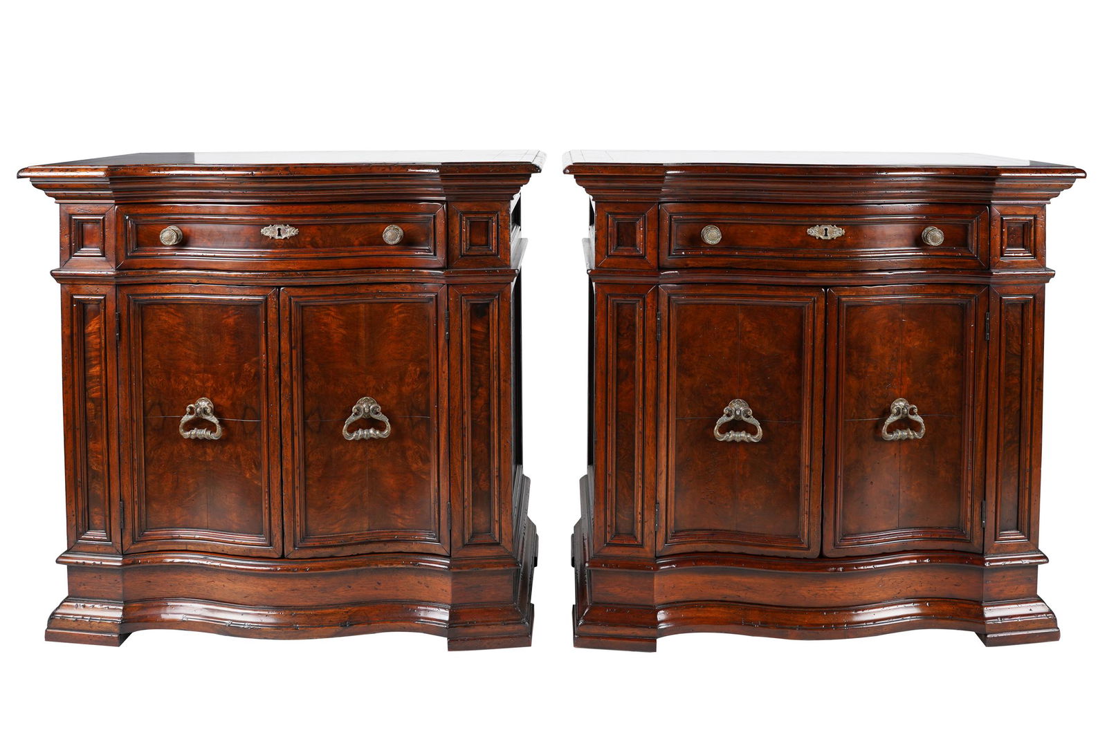PAIR OF HENREDON ITALIAN BAROQUE-STYLE CABINETS: manufacturer's mark to drawer interior, each with serpentine top over a conforming case fitted with a drawer above two hinged doors concealing a shelf; 36 1/2 inches wide; 20 3/4 inches deep; 35 1/2 i