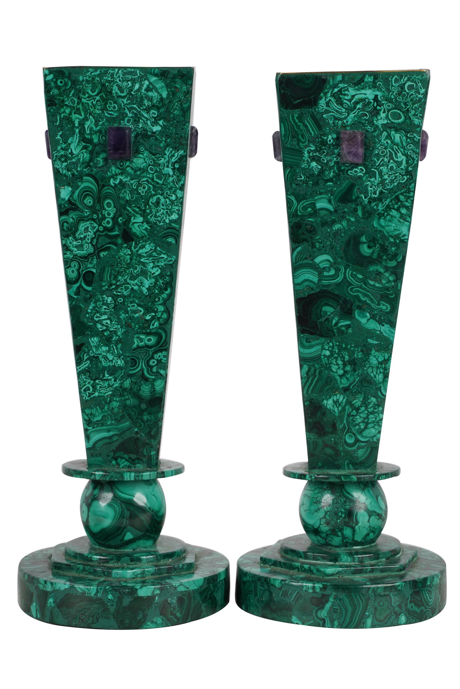 PAIR OF MALACHITE-VENEER VASES: each of square tapering form on a stepped round base; mounted with a purple stone to each side; each: 12 1/4 inches high
