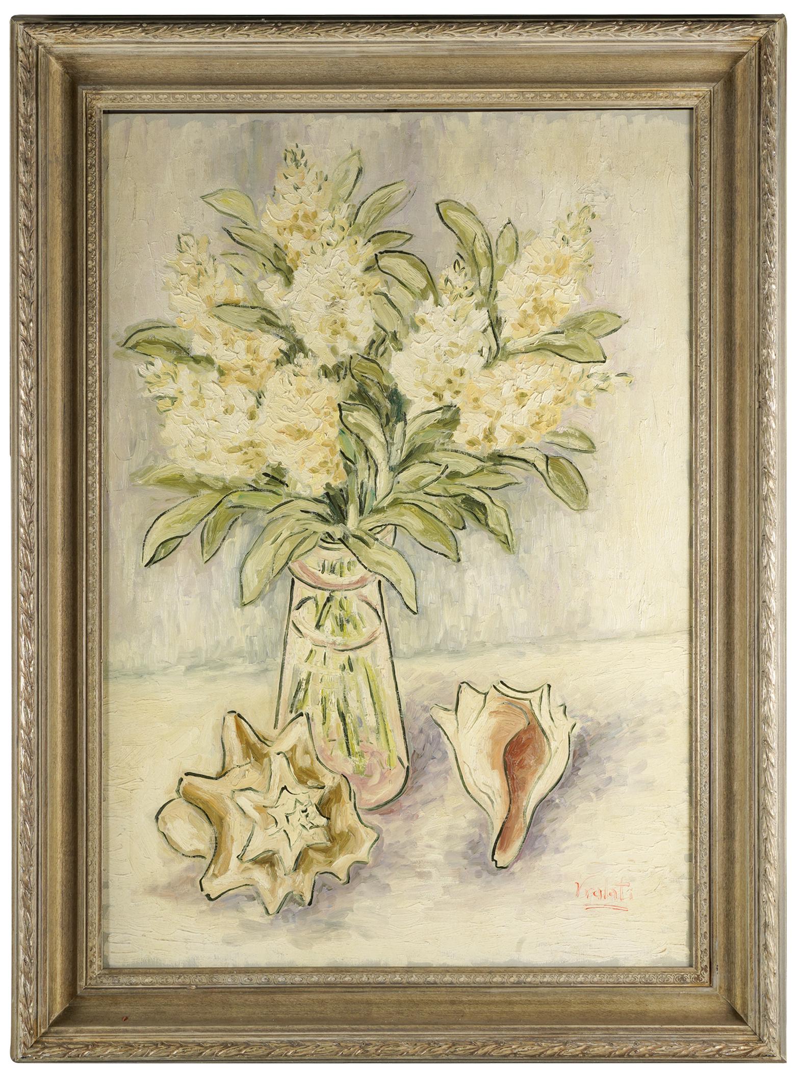 JACQUES VRALATI (1911 - ): "WHITE STOCKS & CONCH: the artist also known as Robert Crowder; circa 1950; oil on canvas; signed lower right; titled to label verso; Provenance: Adamson-Duvannes, Los Angeles, California gallery label verso; 39 1/2 x 27 1/