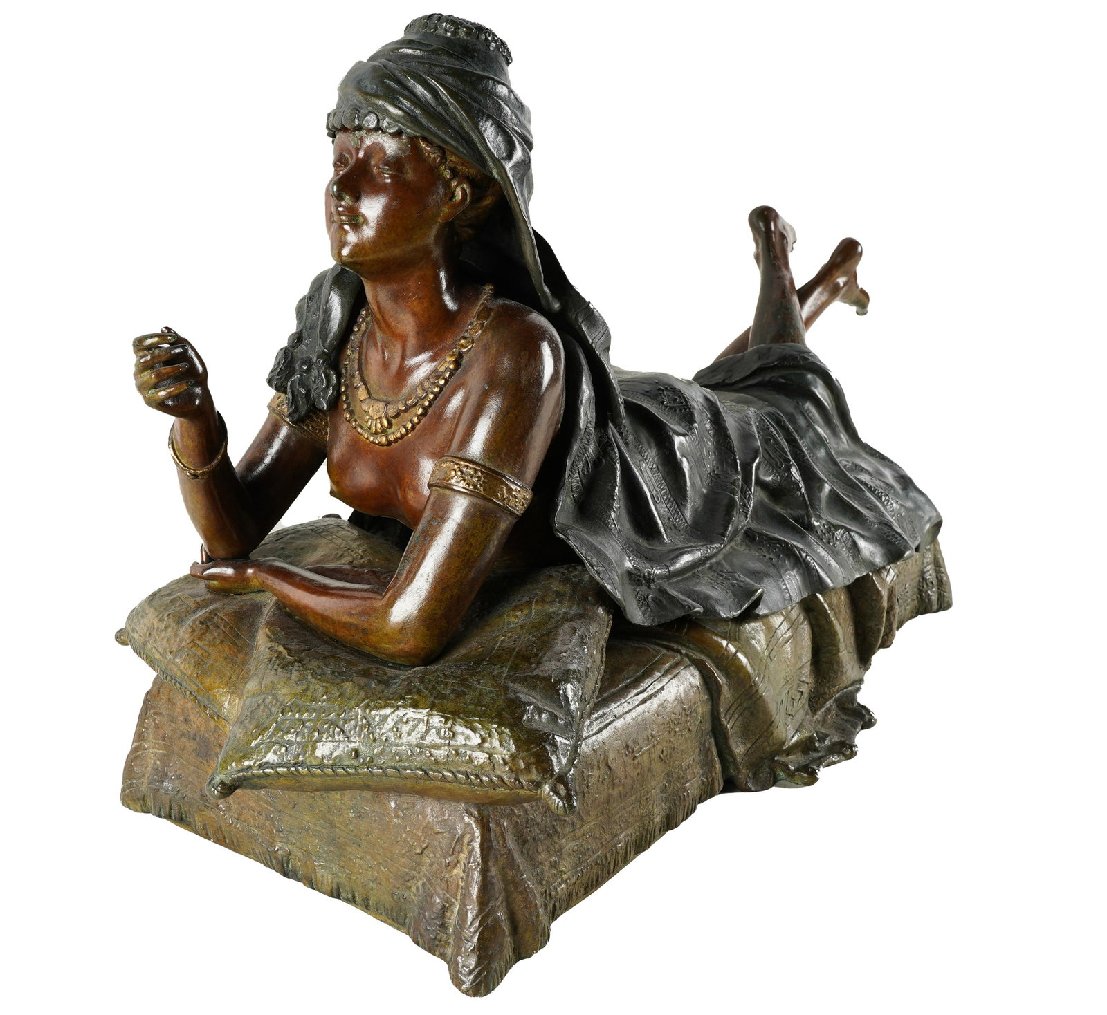 AFTER LOUIS HOTTOT (1829 - 1905): RECLINING NUDE FEMALE: patinated bronze; signed "L. Hott" to base; 30 inches wide; 12 inches deep; 17 inches high