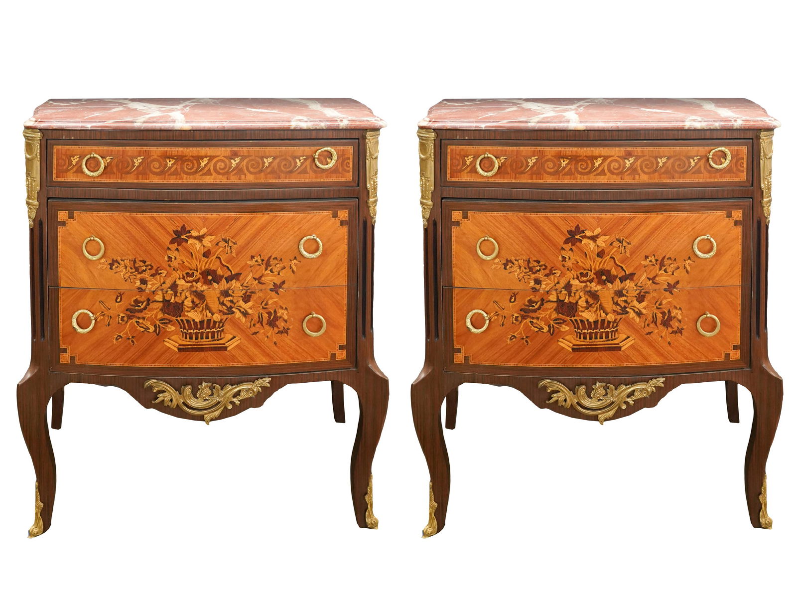 PAIR TRANSITIONAL MARBLE-TOP MARQUETRY COMMODES (1 of 12)