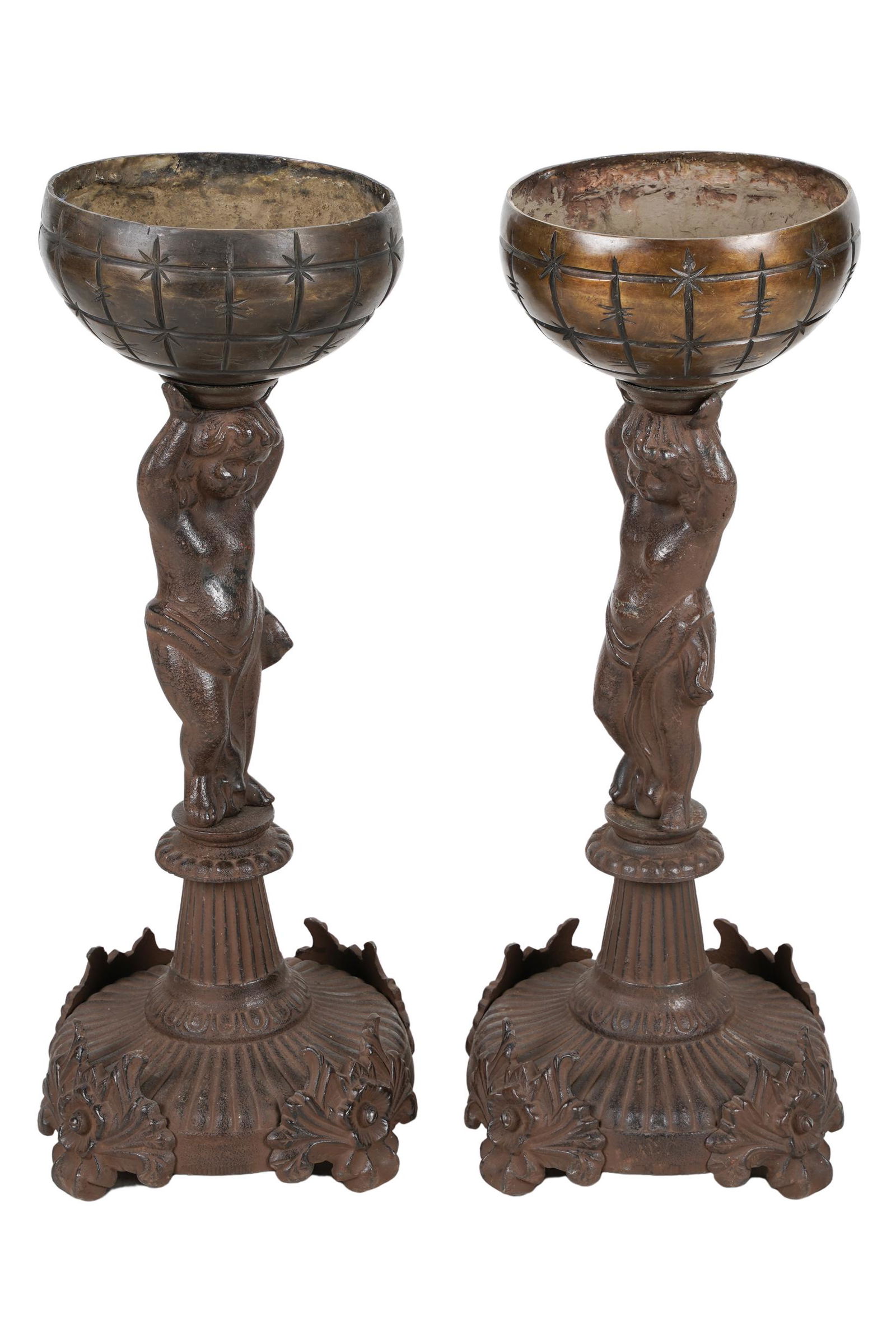 PAIR OF IRON & PATINATED BRONZE FIGURAL PLANTERS (1 of 9)