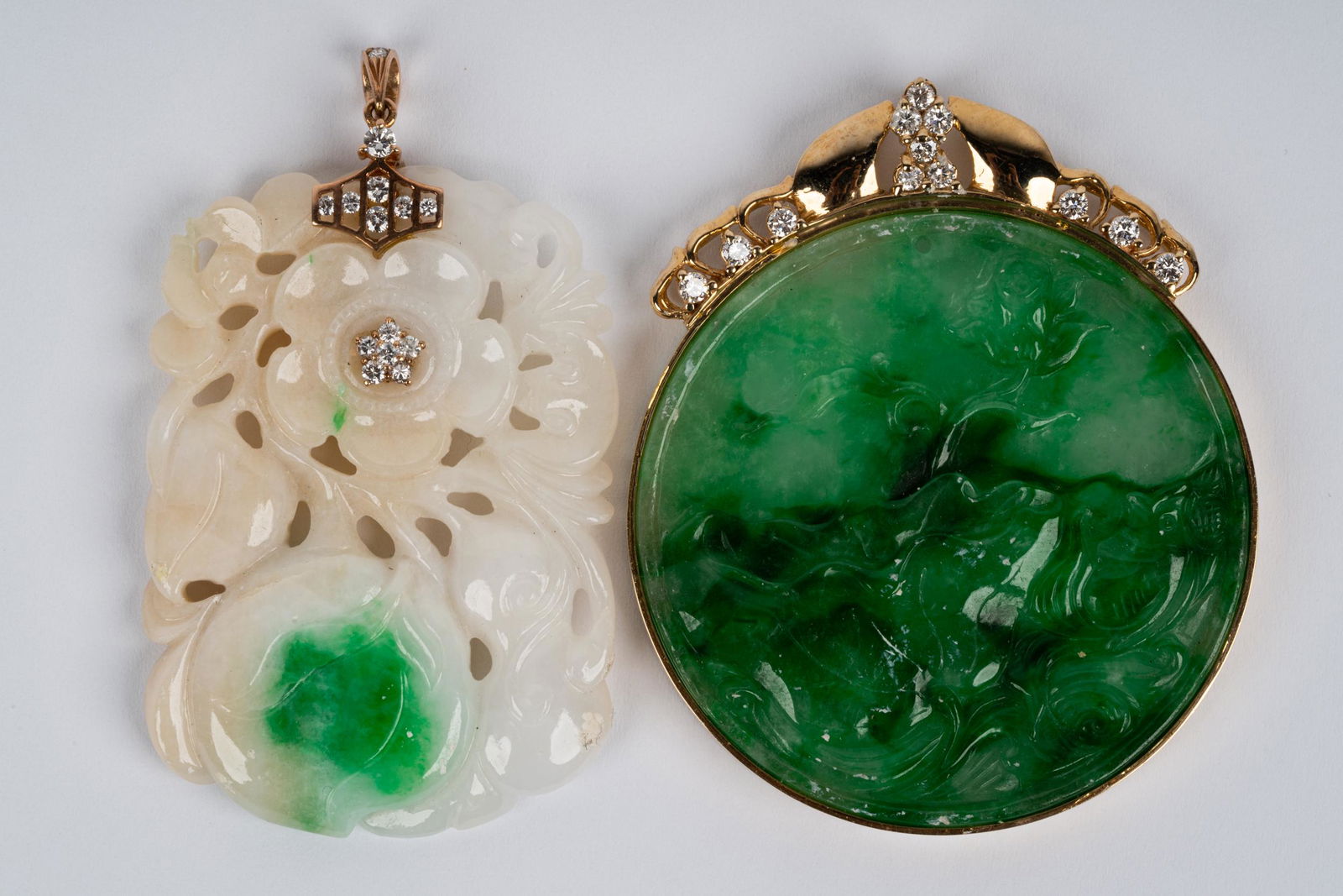 TWO 14 KARAT YELLOW GOLD, JADE, & DIAMOND PENDANTS (1 of 6)
