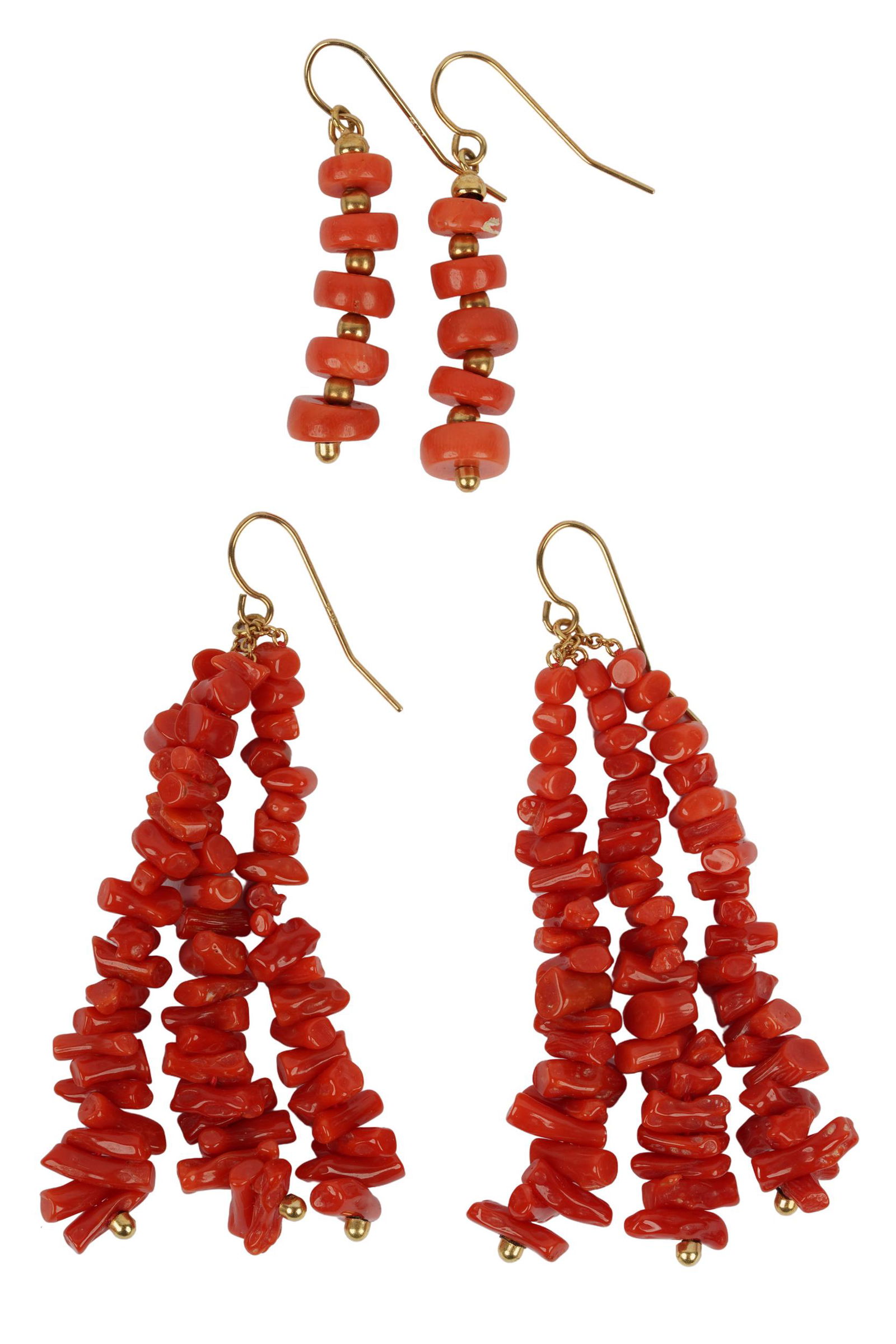 TWO PAIRS OF 14 KARAT YELLOW GOLD & CORAL DROP EARRINGS (1 of 4)