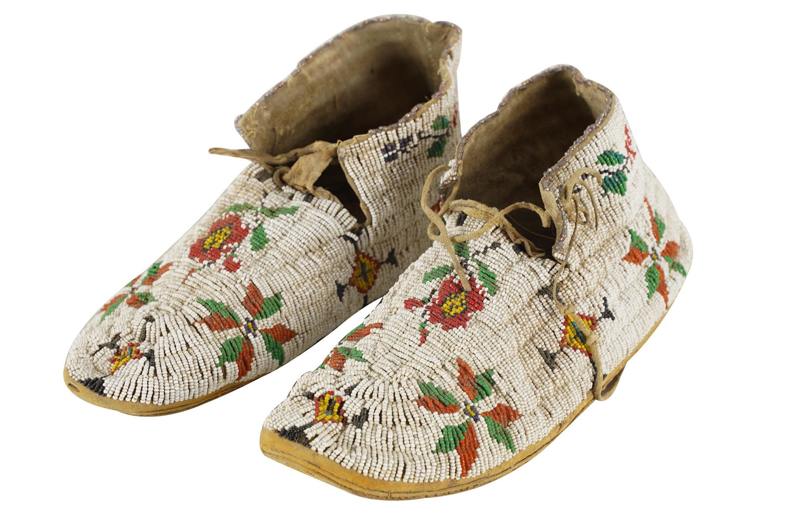 PAIR OF AMERICAN INDIAN BEADED LEATHER MOCCASINS (1 of 8)