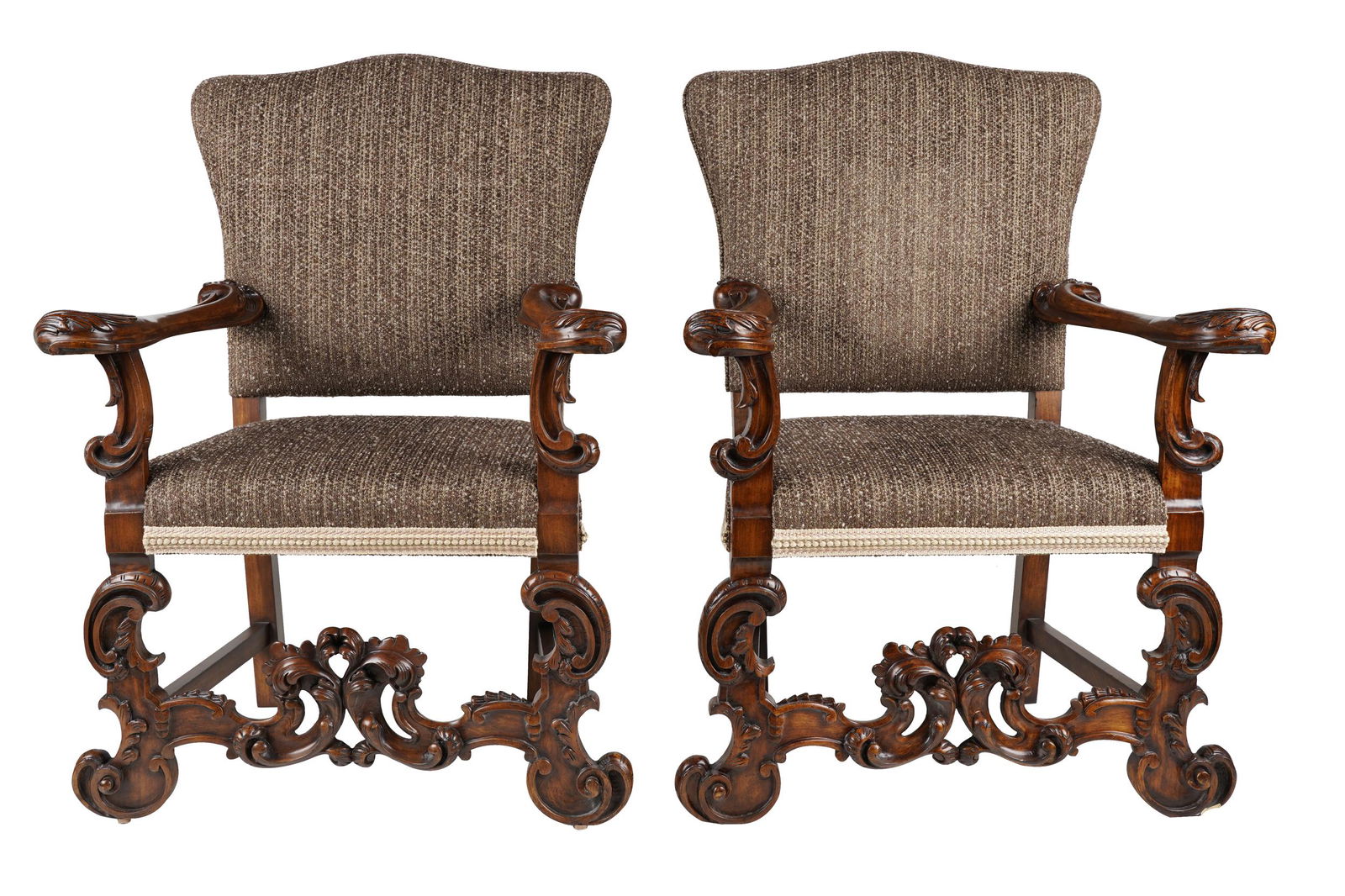 PAIR OF BAROQUE-STYLE CARVED WALNUT HALL CHAIRS (1 of 14)
