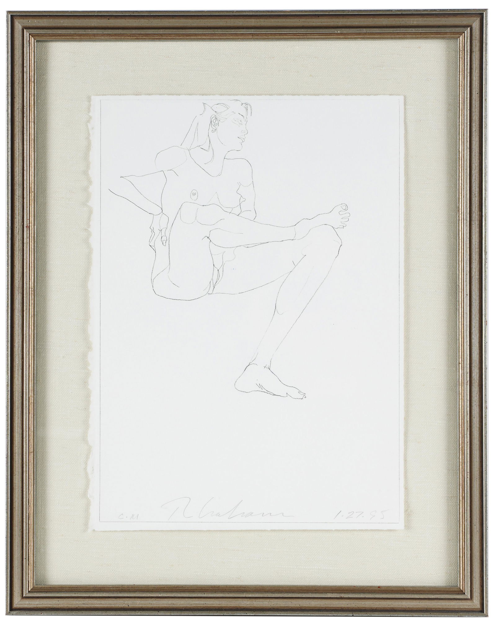 ROBERT GRAHAM: SEATED NUDE: January 27, 1995; etching; signed lower middle, dated lower right, annotated 'C.M.' lower left; 15 x 11 inches sight; 20 1/2 x 16 1/2 inches frame