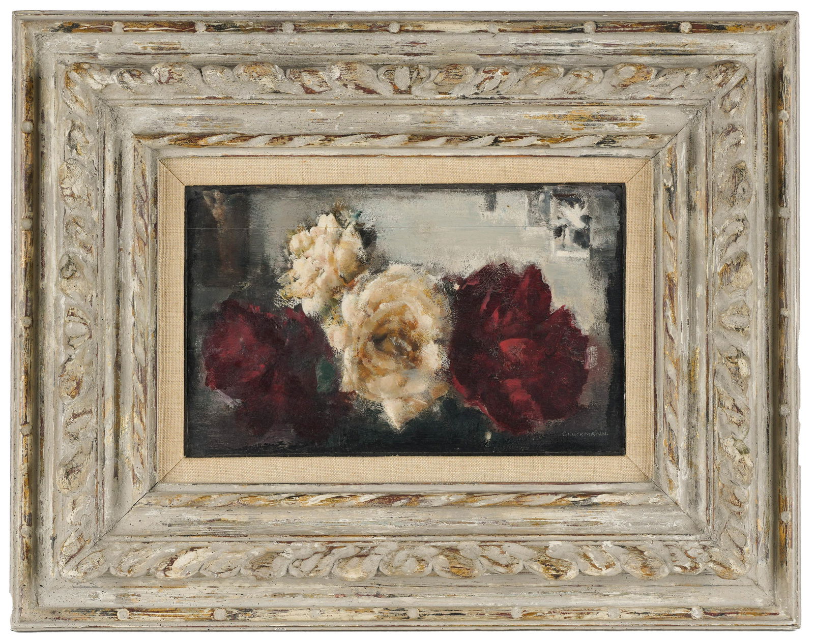 GRIGORY GLUCKMANN (1898 - 1973): "RED & WHITE ROSES": oil on panel; signed lower right; titled to gallery label verso; Provenance: Dalzell Hatfield Galleries, Ambassador Hotel, Los Angeles; approximately: 8 x 12 inches; 16 1/2 x 21 inches frame