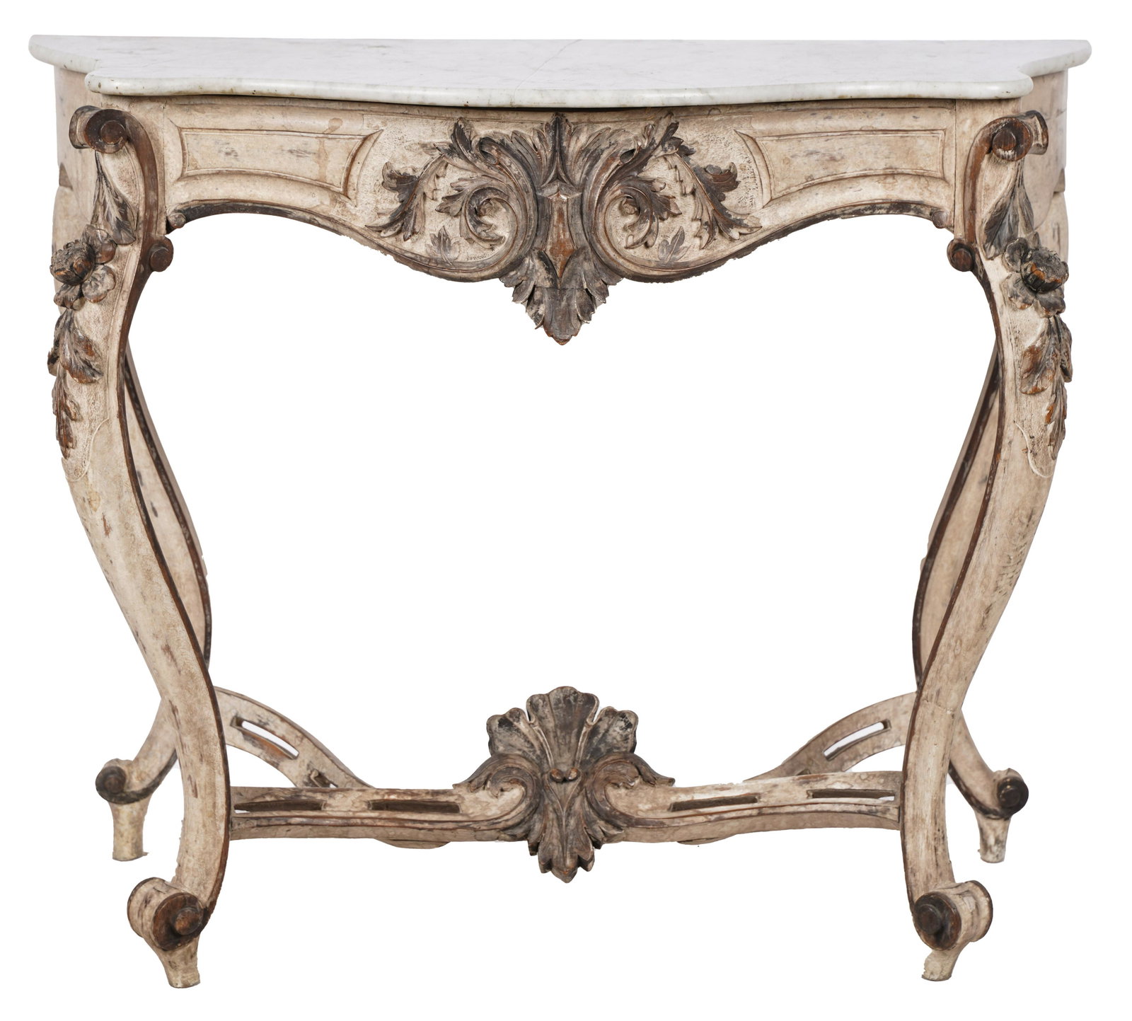 LOUIS XV-STYLE PAINTED WOOD MARBLE-TOP CONSOLE: Condition: slight discoloration and a repair to marble; 37 inches wide; 17 1/2 inches deep; 33 inches high