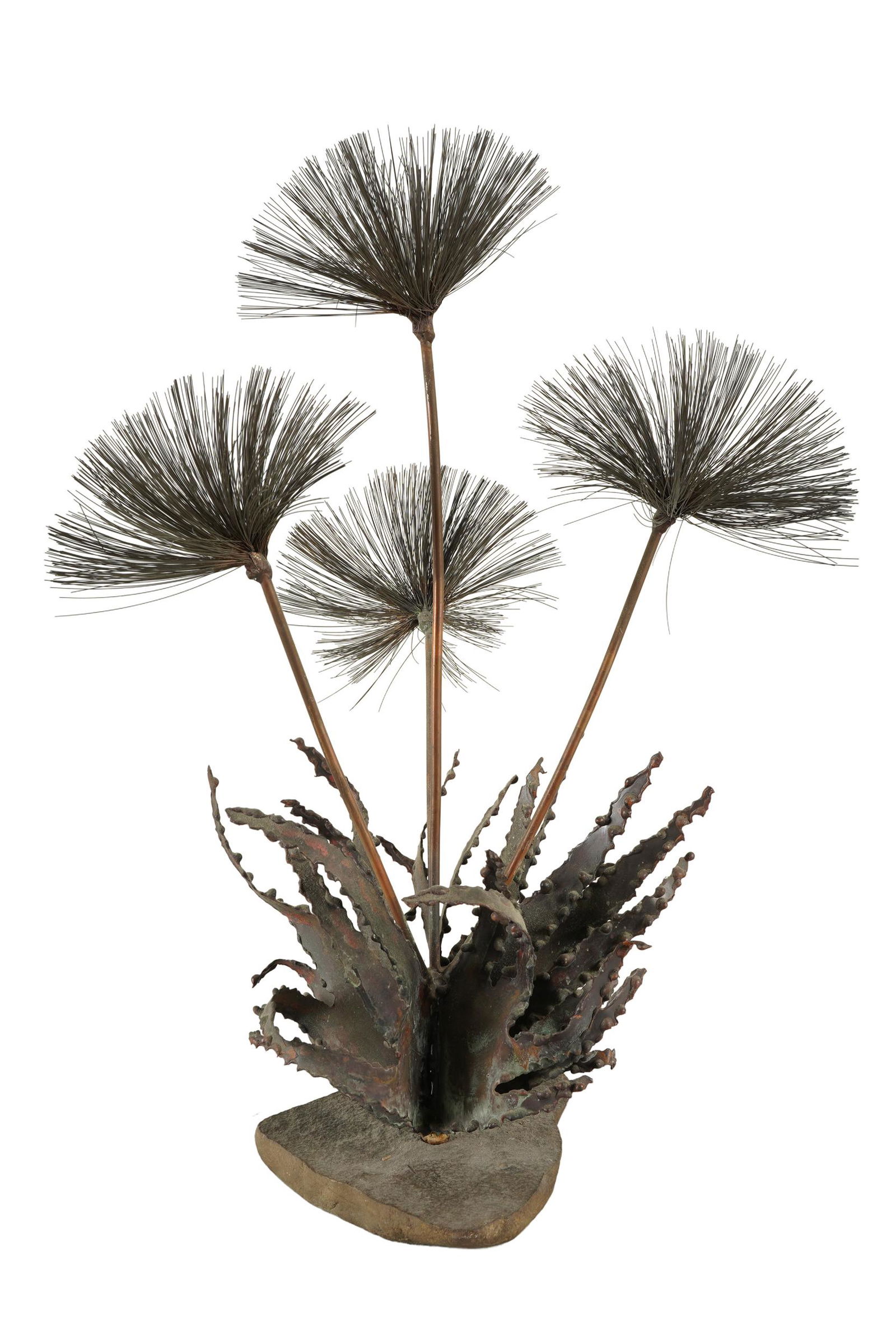 CURTIS-JERE-STYLE METAL & WIRE SCULPTURE: unsigned; mounted on a stone base; 19 inches high